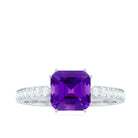 Rosec Jewels-Asscher Cut Amethyst Solitaire Ring with Diamond Side Stones