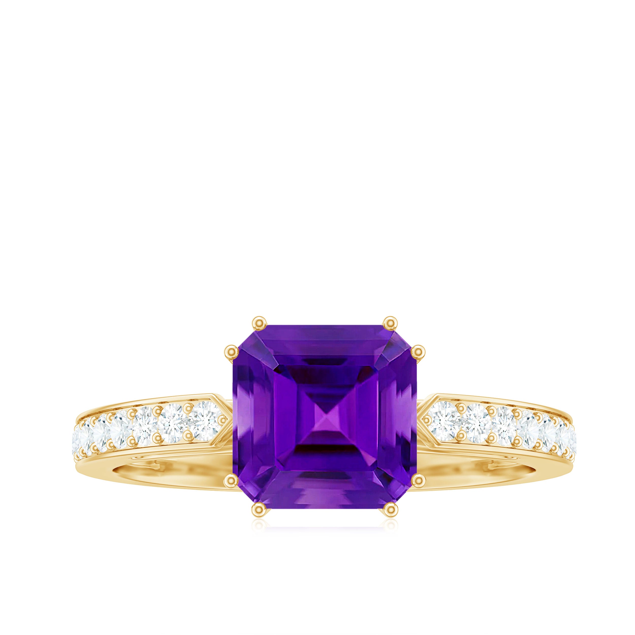 Rosec Jewels-Asscher Cut Amethyst Solitaire Ring with Diamond Side Stones