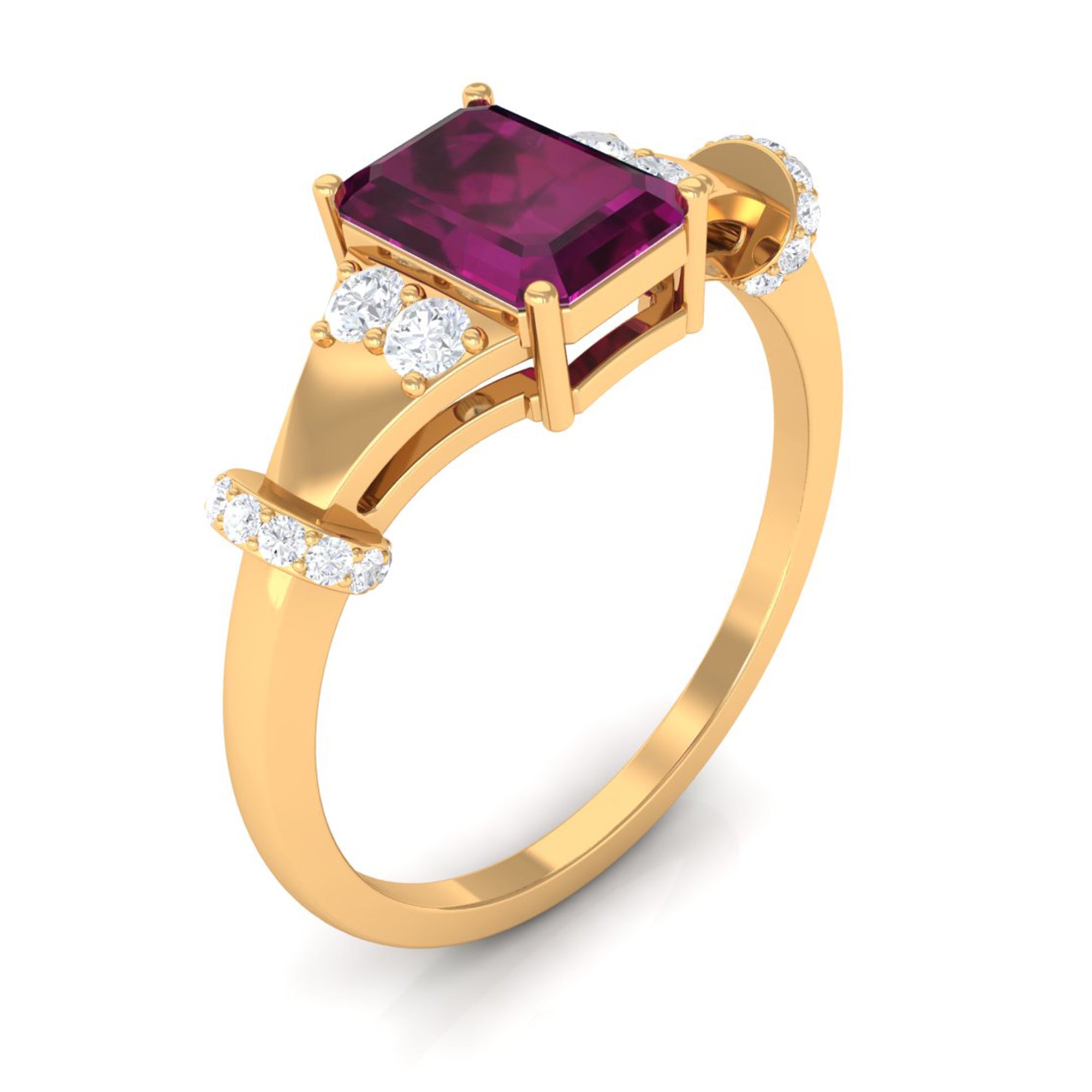 Rosec Jewels-Emerald Cut Solitaire Rhodolite Ring with Diamond