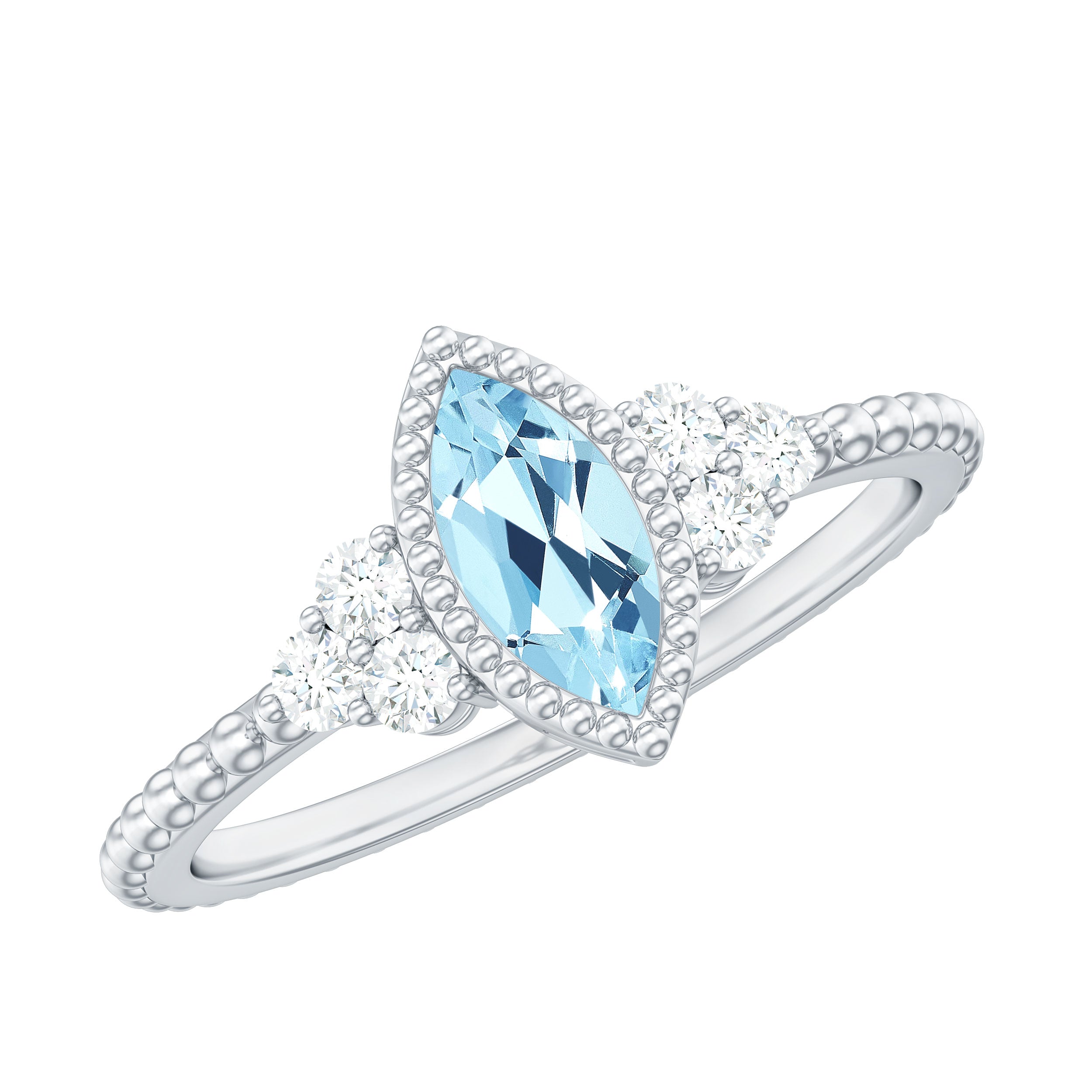 Rosec Jewels-Marquise Cut Aquamarine Solitaire Promise Ring with Diamond Trio