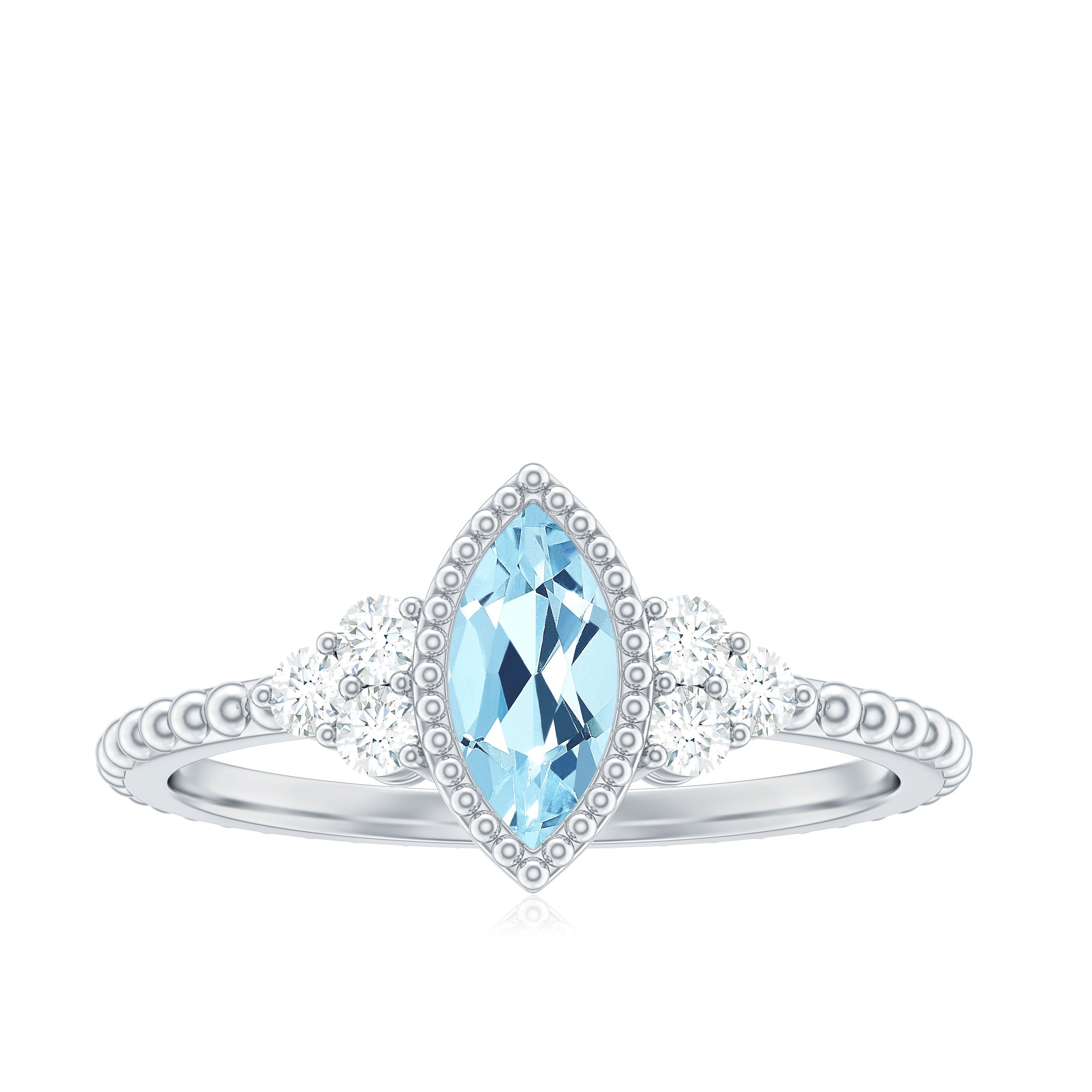 Rosec Jewels-Marquise Cut Aquamarine Solitaire Promise Ring with Diamond Trio