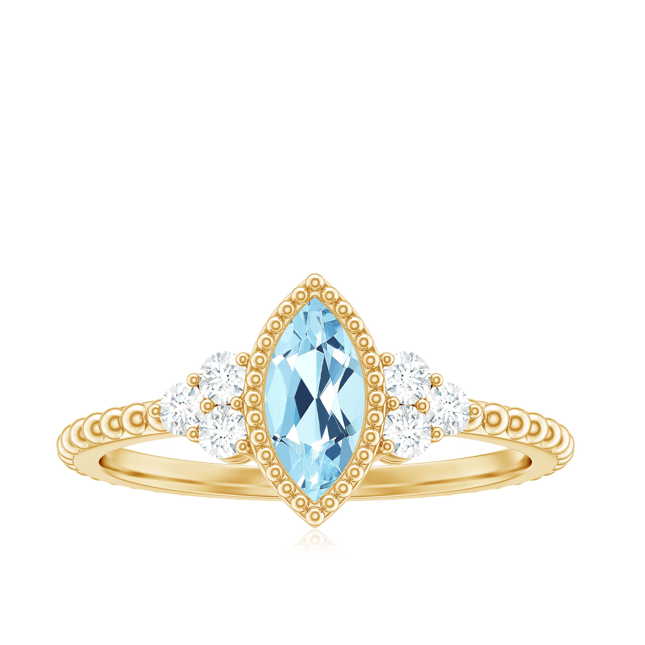 Rosec Jewels-Marquise Cut Aquamarine Solitaire Promise Ring with Diamond Trio