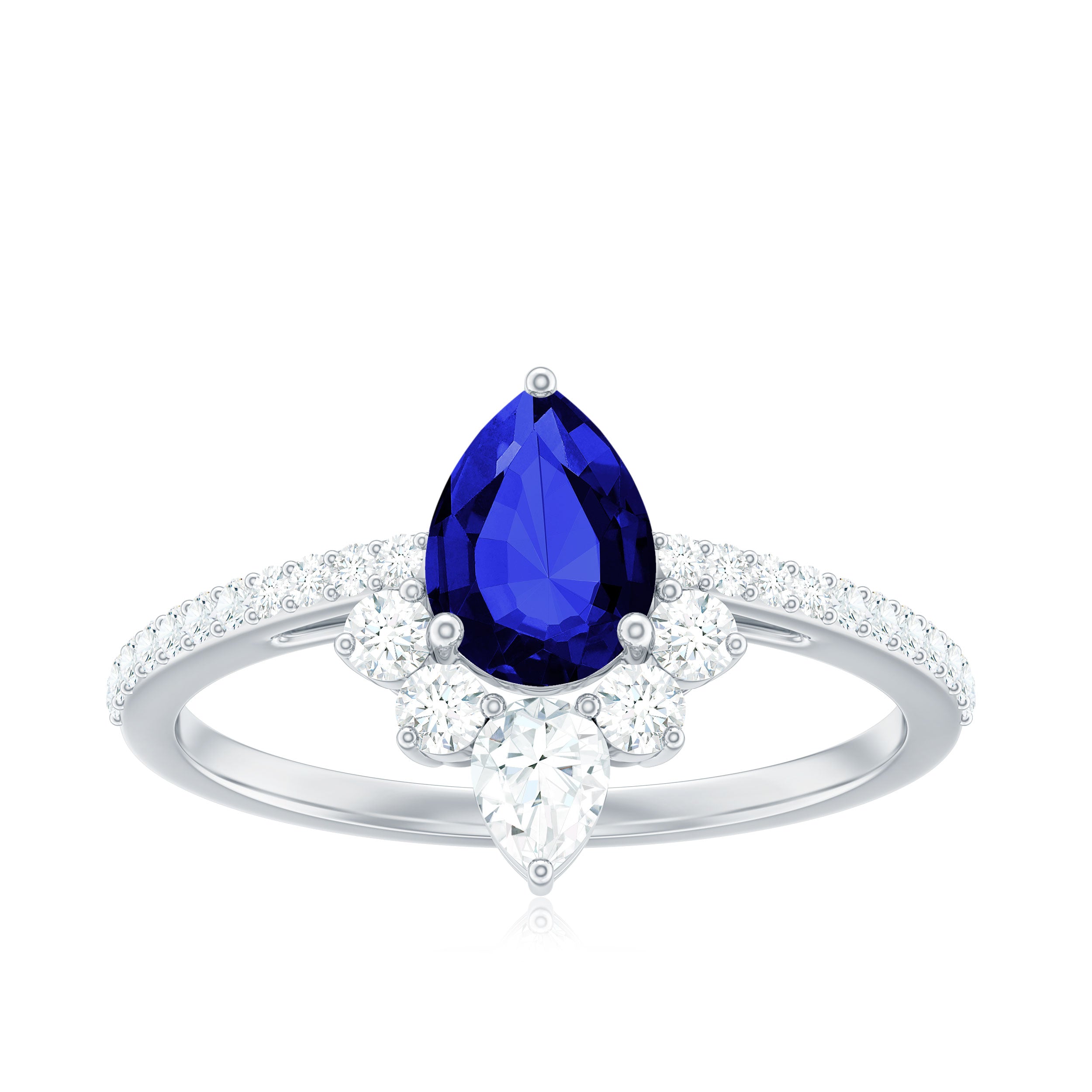 Rosec Jewels-Pear Cut Lab-Created Blue Sapphire Crown Ring with Diamond