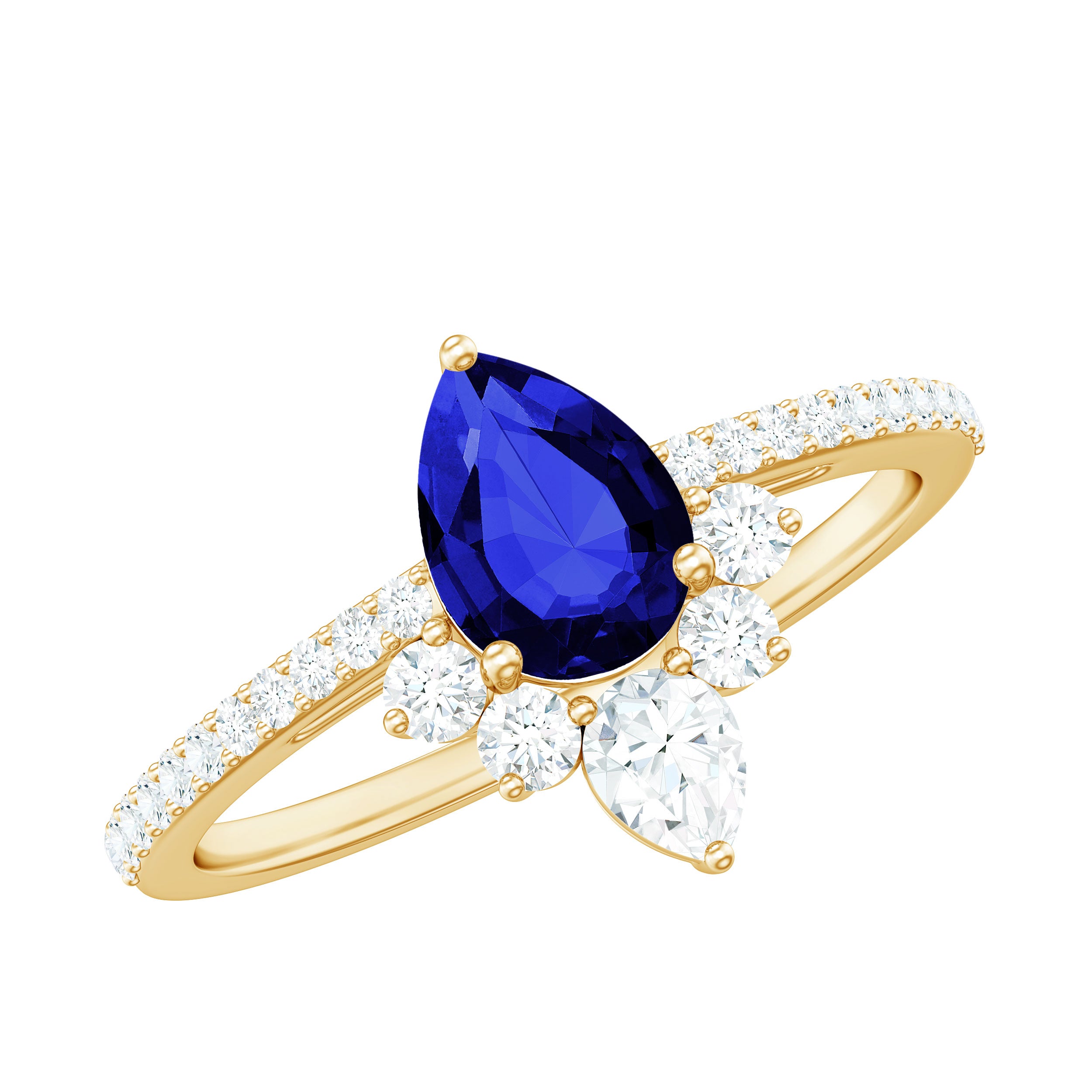 Rosec Jewels-Pear Cut Lab-Created Blue Sapphire Crown Ring with Diamond