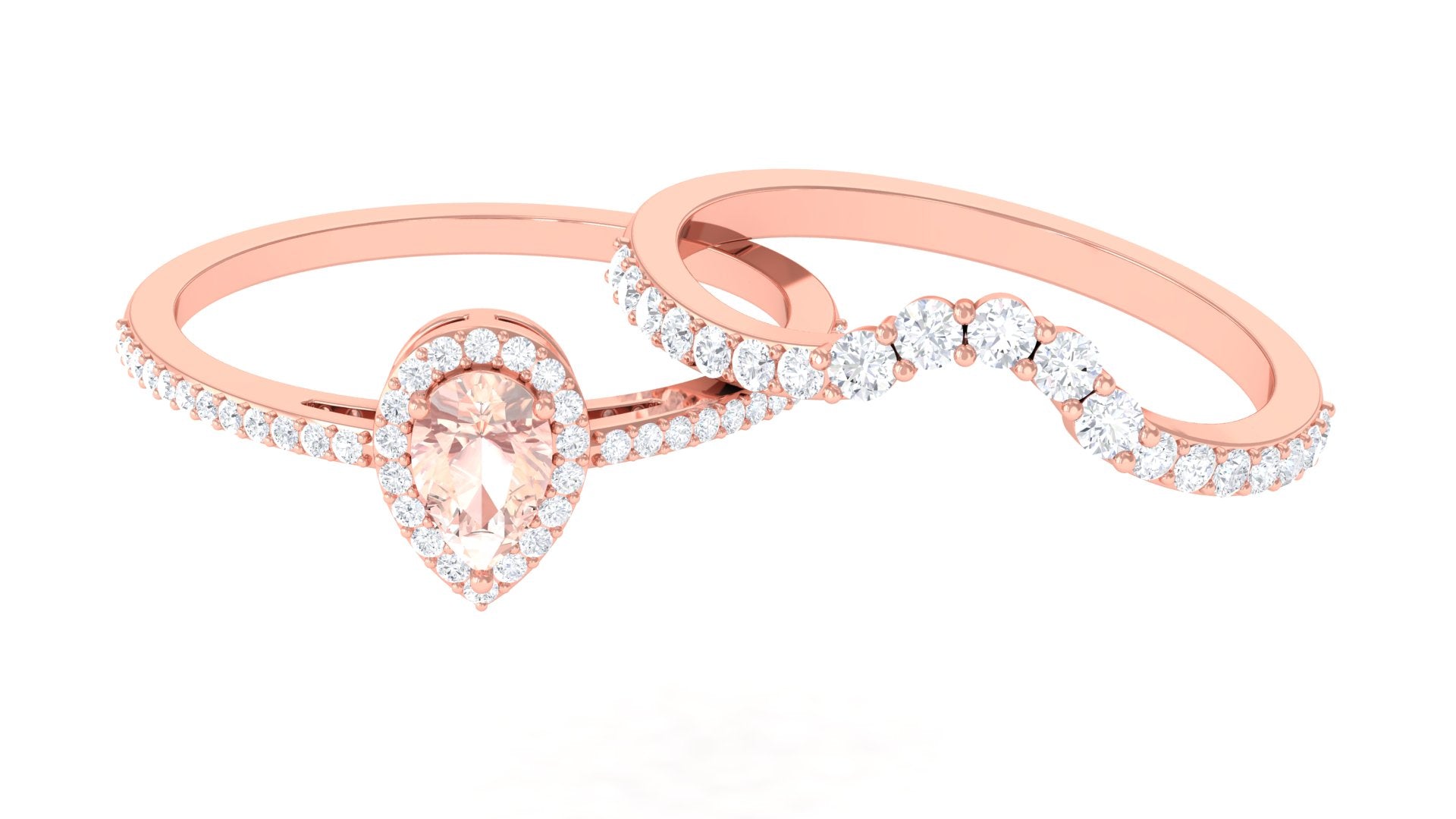 Rosec Jewels-Morganite Designer Teardrop Ring Set with Diamond Halo