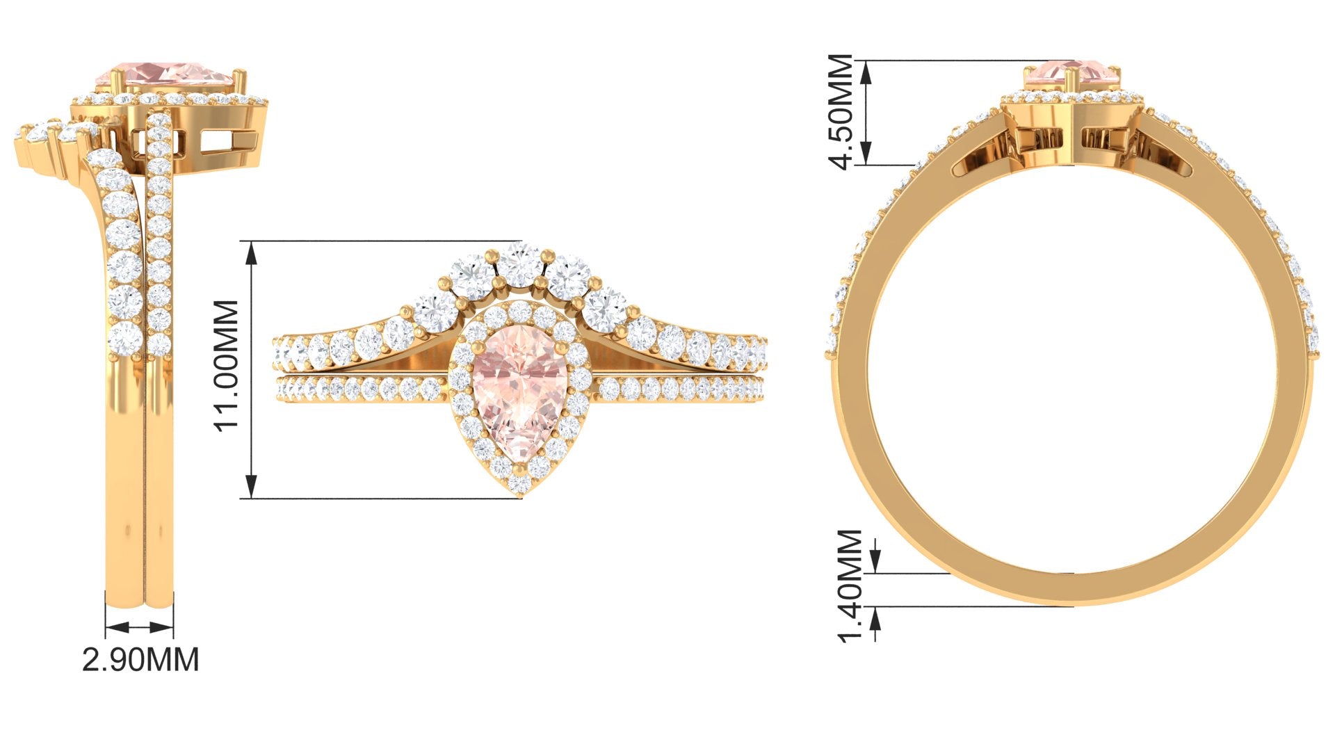 Rosec Jewels-Morganite Designer Teardrop Ring Set with Diamond Halo