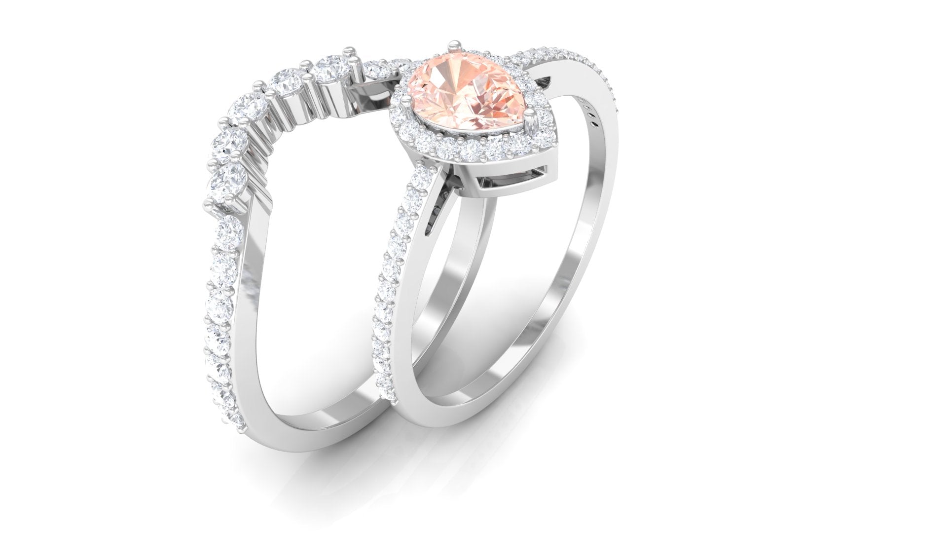 Rosec Jewels-Morganite Designer Teardrop Ring Set with Diamond Halo