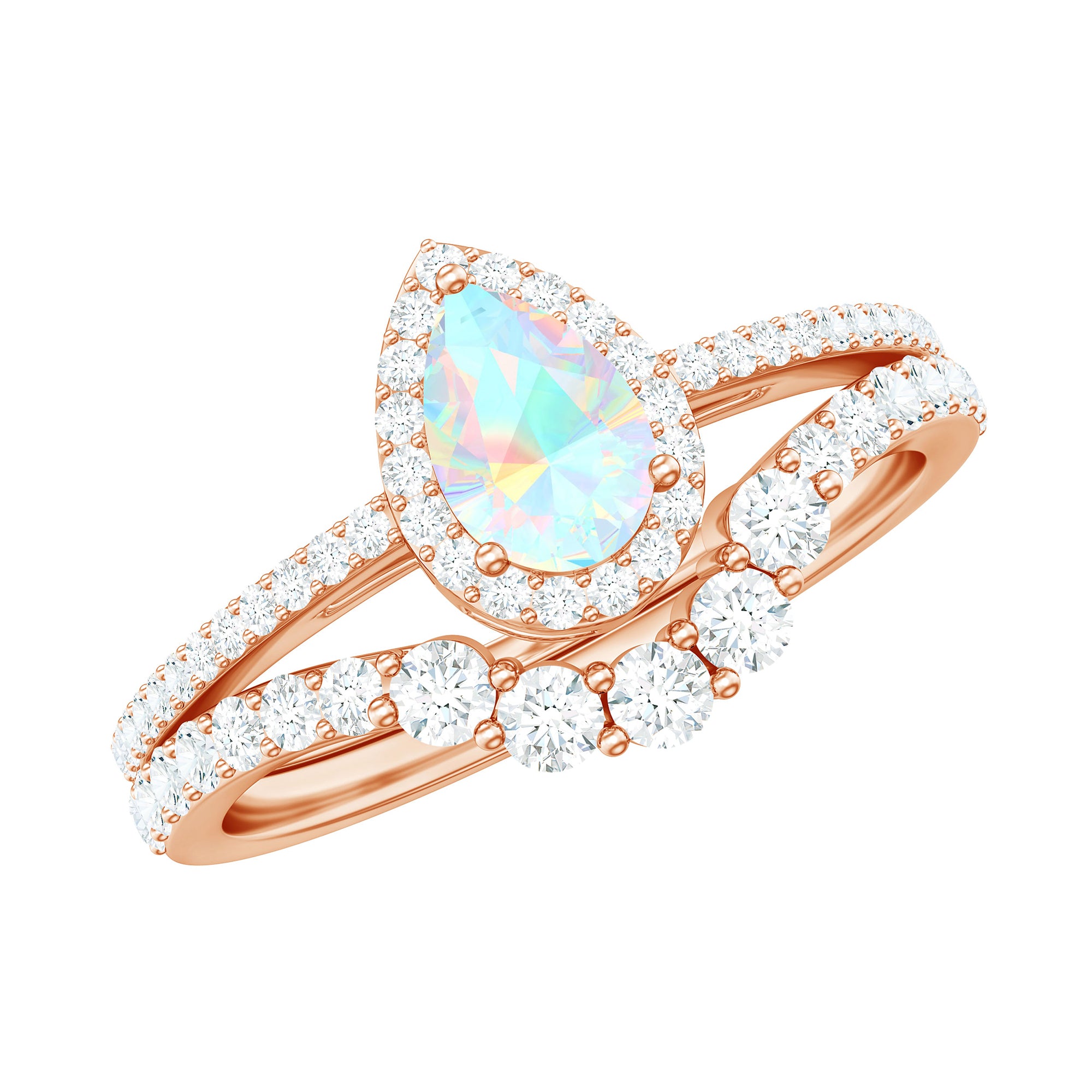 Rosec Jewels-Ethiopian Opal Designer Teardrop Ring Set with Moissanite Halo