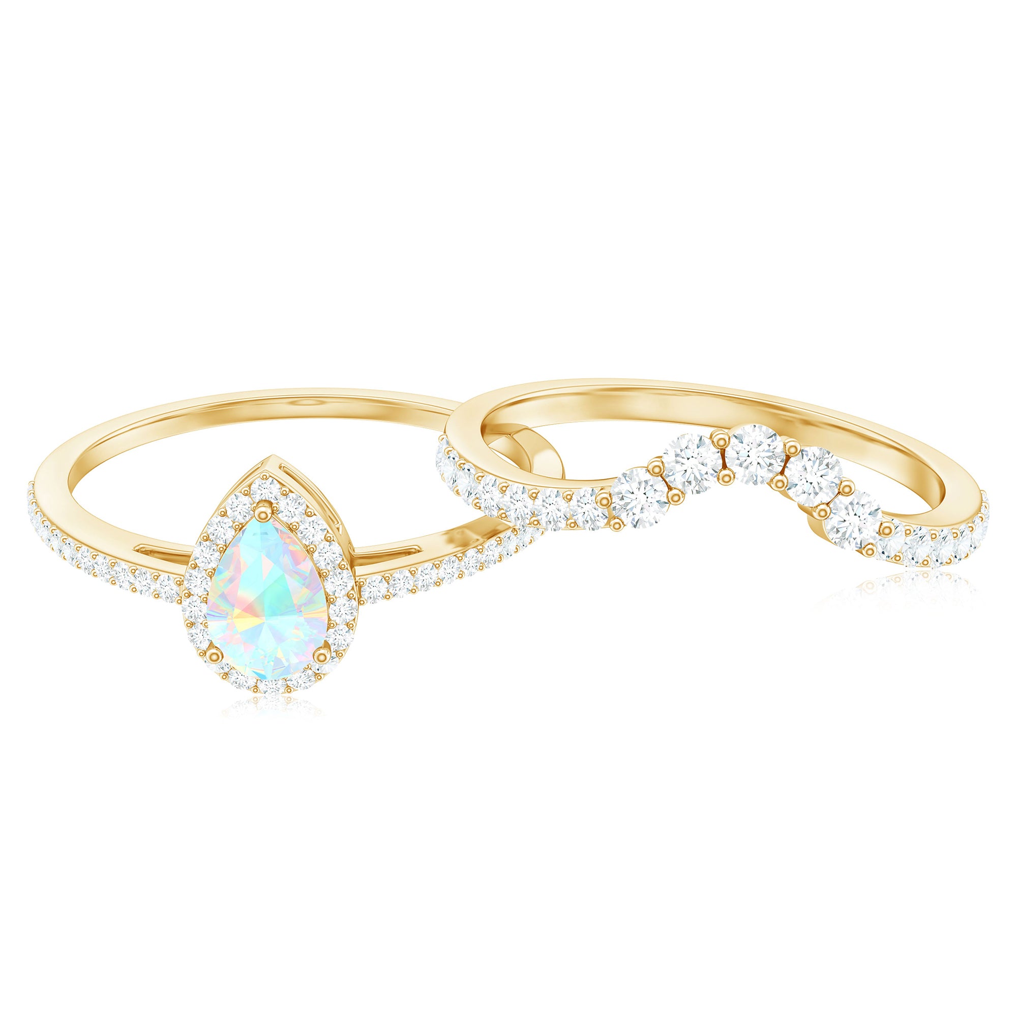 Rosec Jewels-Ethiopian Opal Designer Teardrop Ring Set with Moissanite Halo