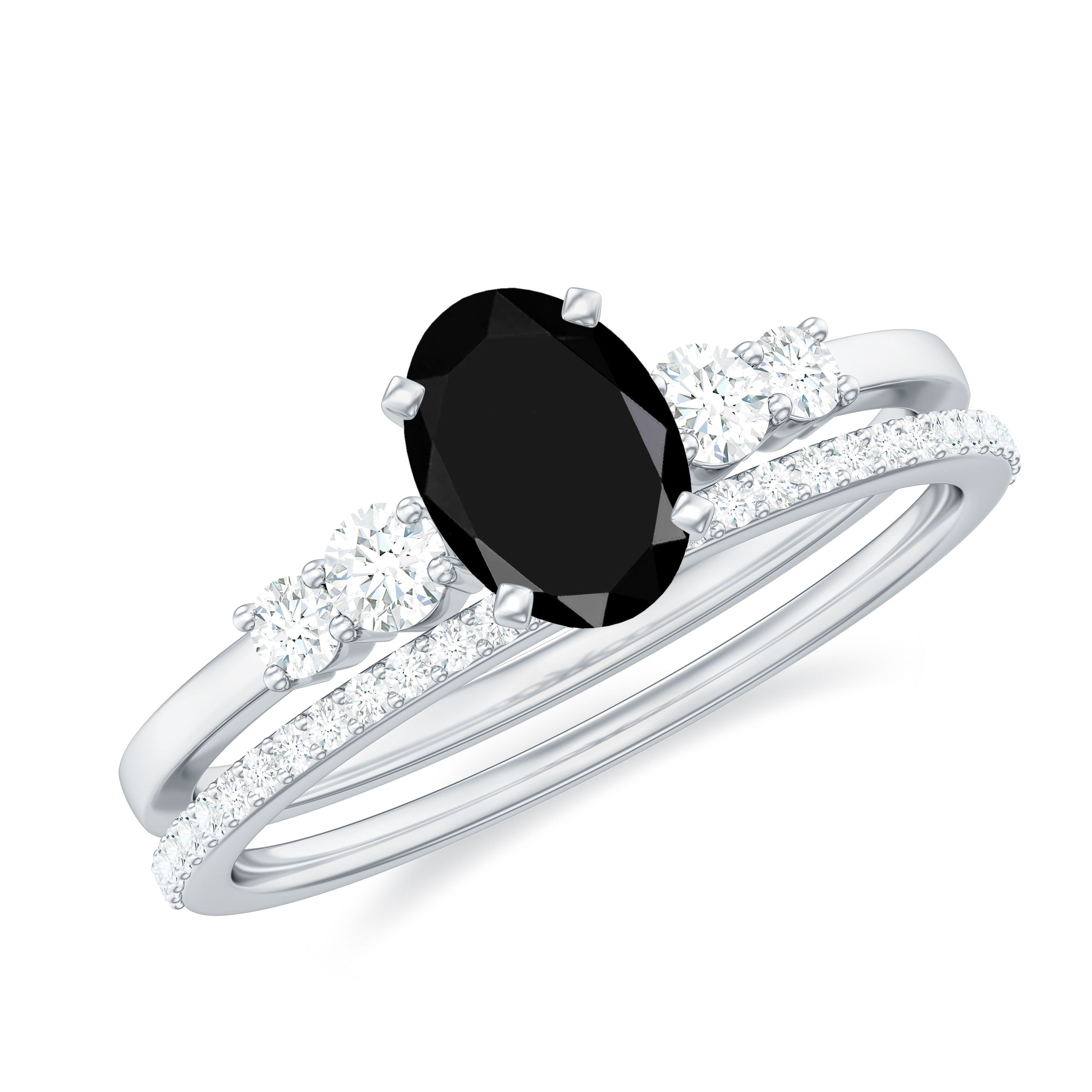 Rosec Jewels-1.5 CT Oval Created Black Diamond Solitaire Ring Set with Diamond