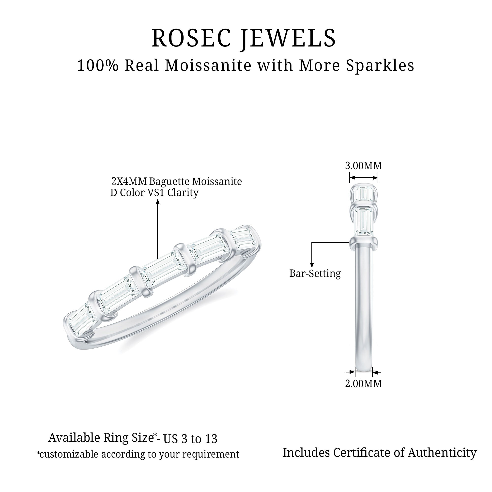 Rosec Jewels-Baguette Cut Moissanite East West Half Eternity Ring in Gold