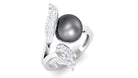 Rosec Jewels-Round Tahitian Pearl and Diamond Leaf Engagement Ring