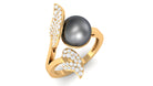 Rosec Jewels-Round Tahitian Pearl and Diamond Leaf Engagement Ring