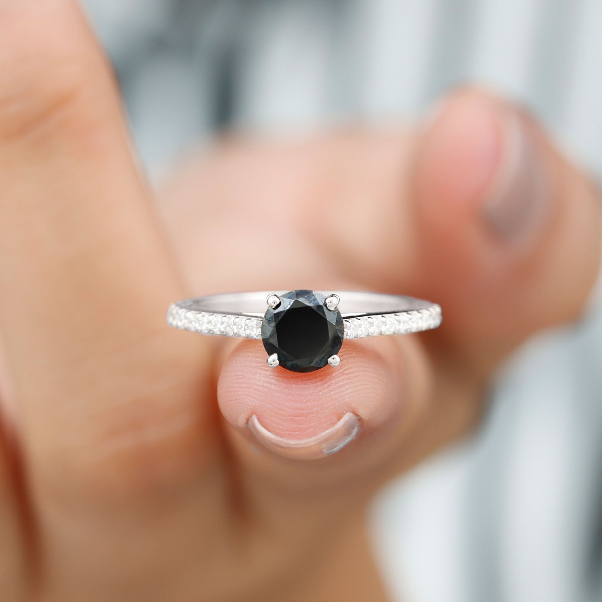 Rosec Jewels-Round Black Onyx Solitaire Engagement Ring with Diamond