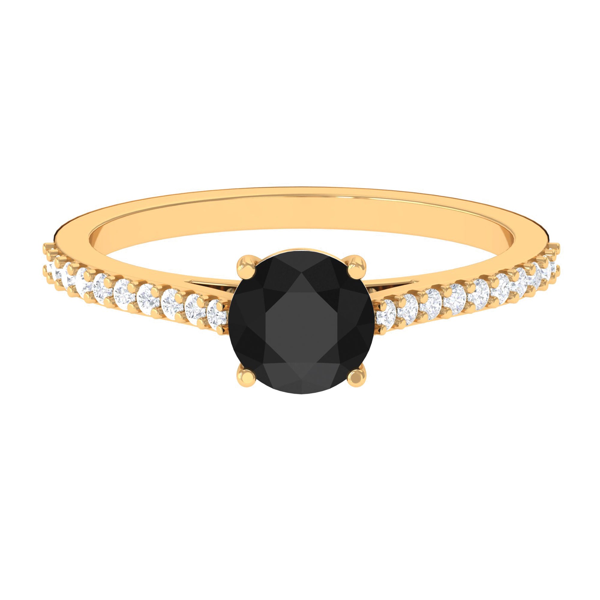 Rosec Jewels-Round Black Onyx Solitaire Engagement Ring with Diamond