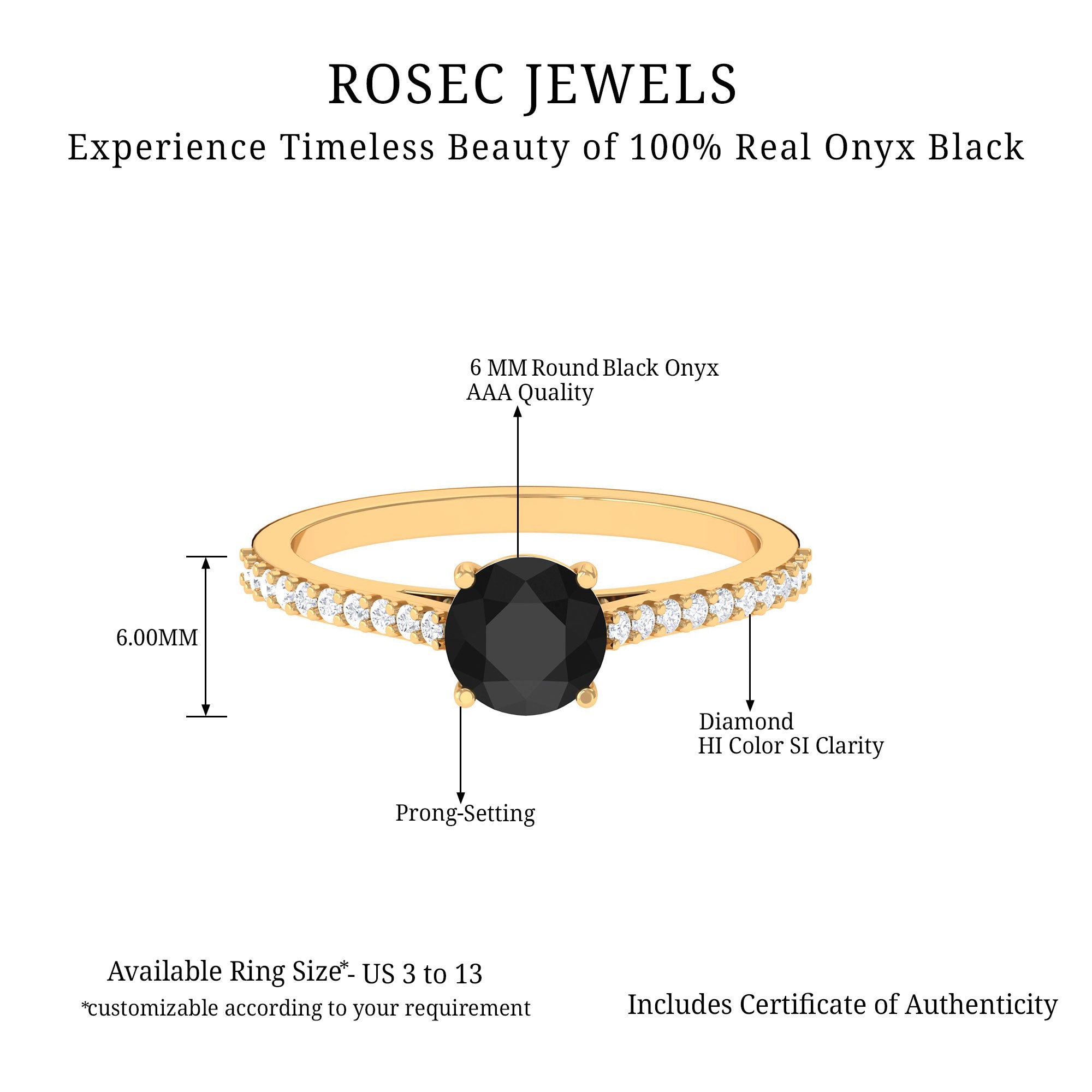 Rosec Jewels-Round Black Onyx Solitaire Engagement Ring with Diamond