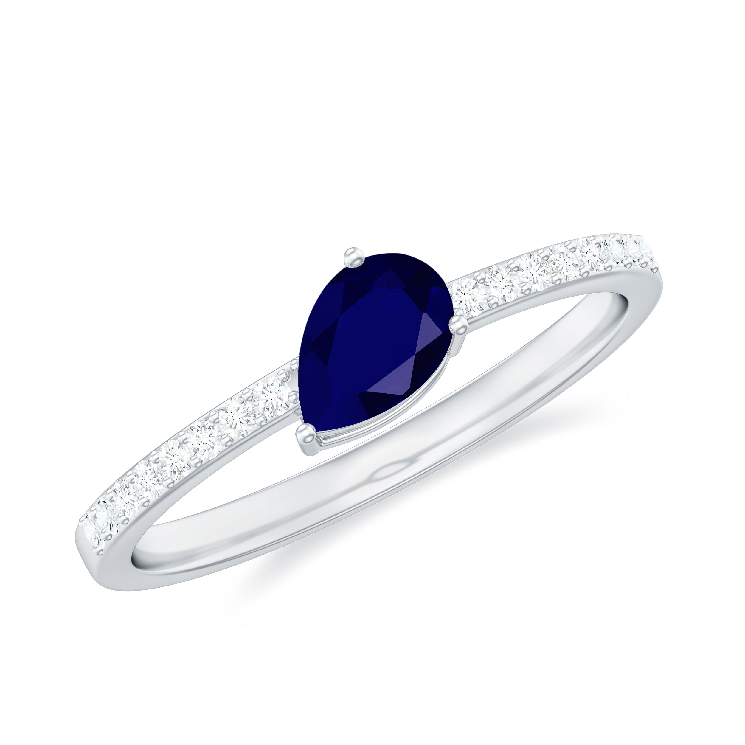 Rosec Jewels-Pear Cut Blue Sapphire Solitaire Ring with Diamond Side Stones