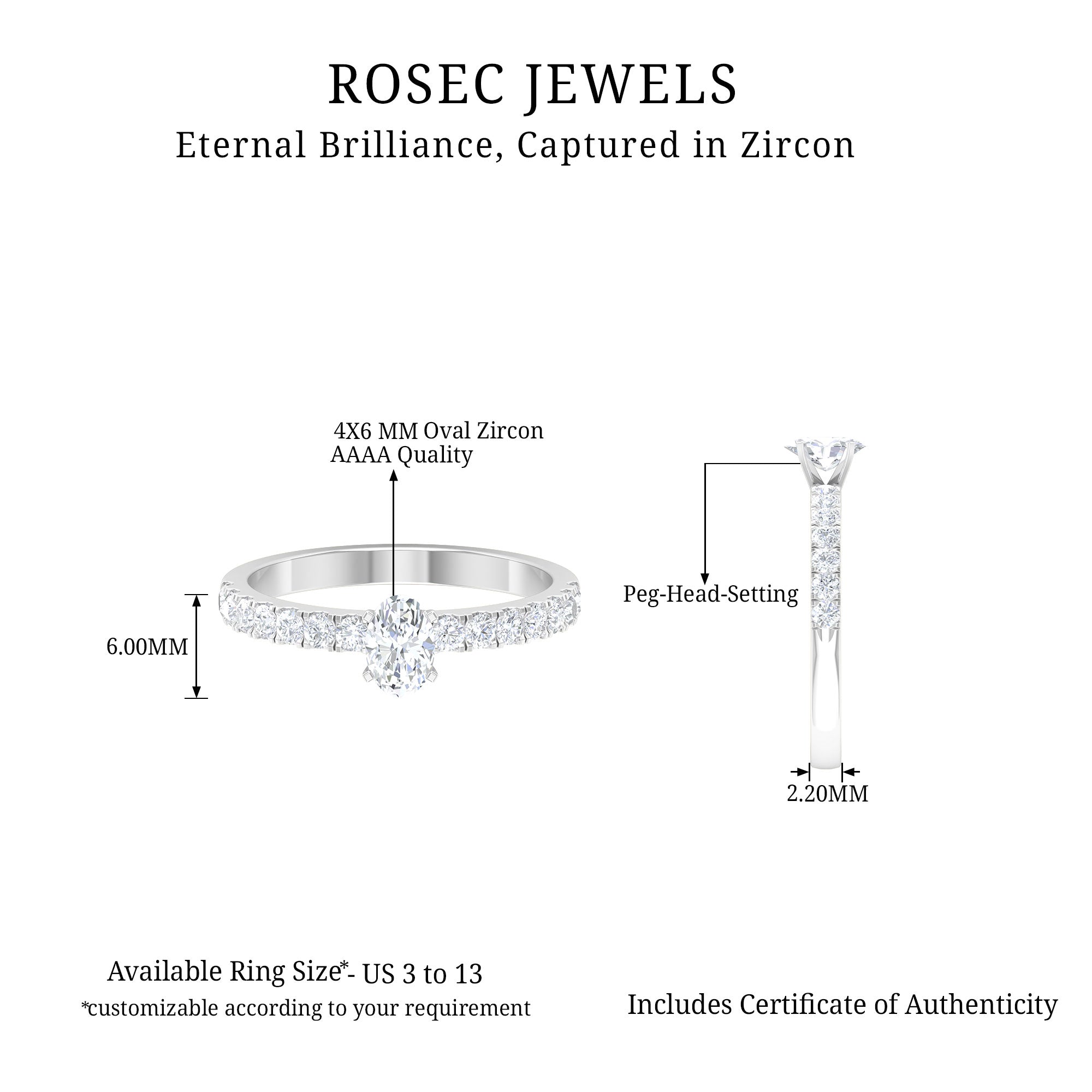 Rosec Jewels-1.25 CT Zircon Solitaire Ring with Side Stones