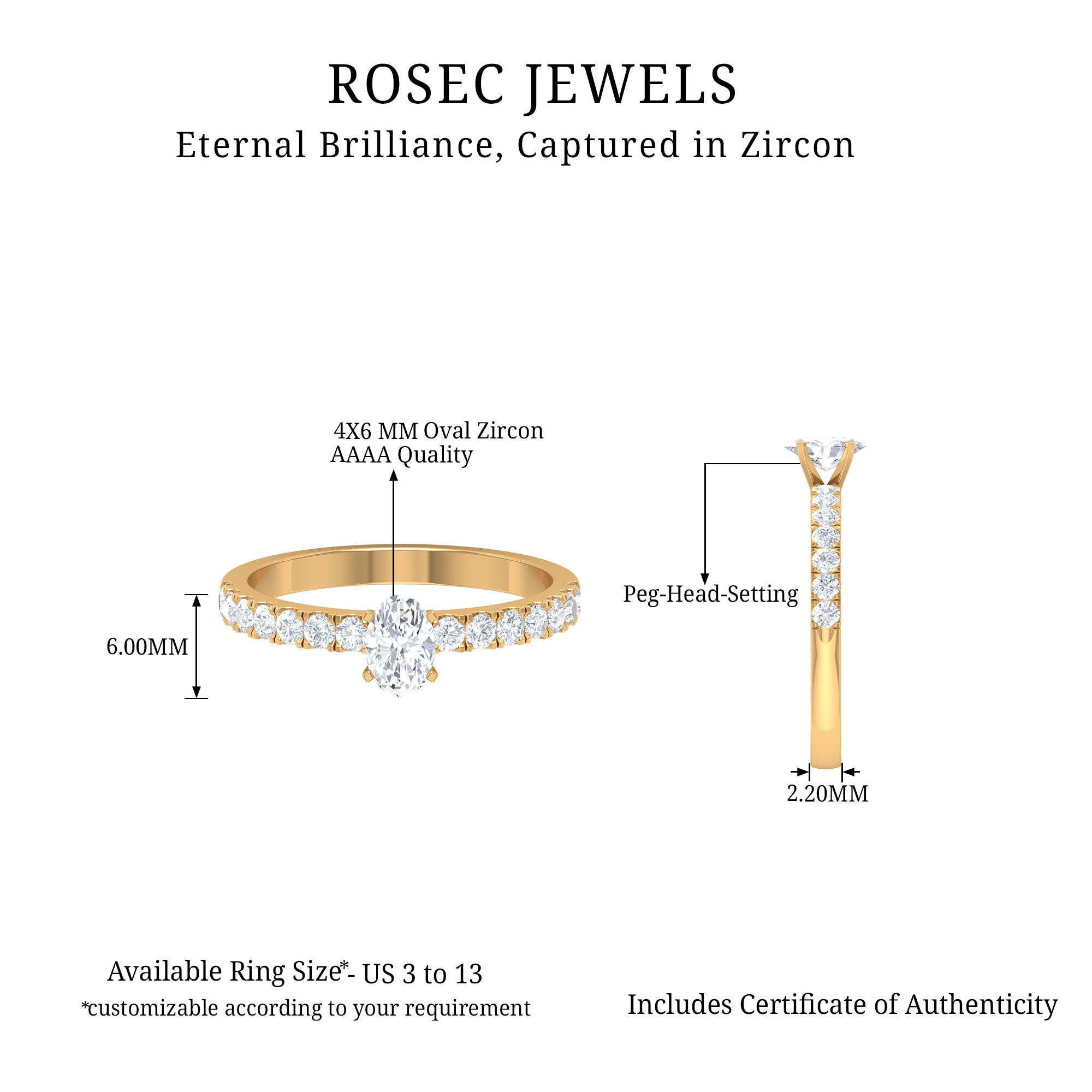 Rosec Jewels-1.25 CT Zircon Solitaire Ring with Side Stones