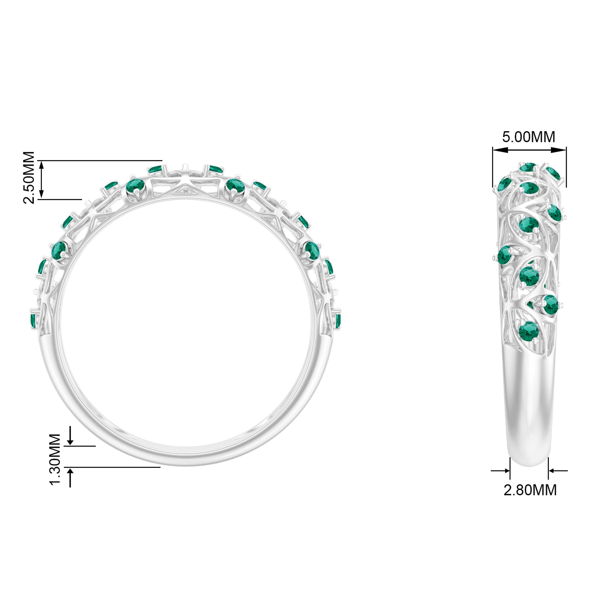 Rosec Jewels-Round Created Emerald Semi Eternity Band Ring with Gold Filigree Details