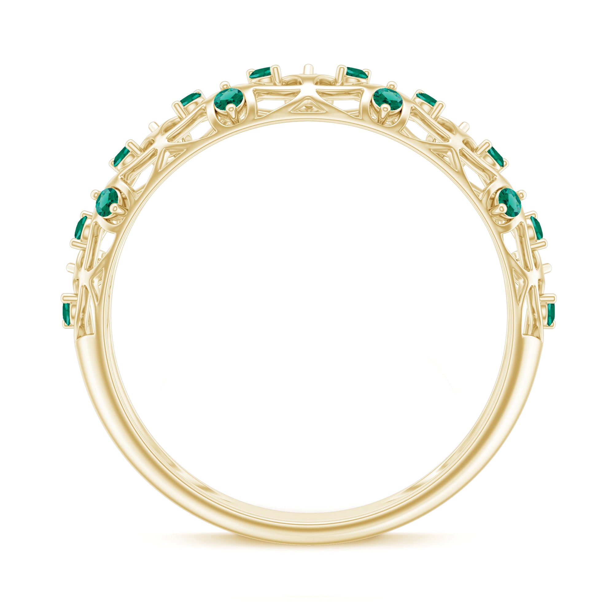 Rosec Jewels-Round Created Emerald Semi Eternity Band Ring with Gold Filigree Details