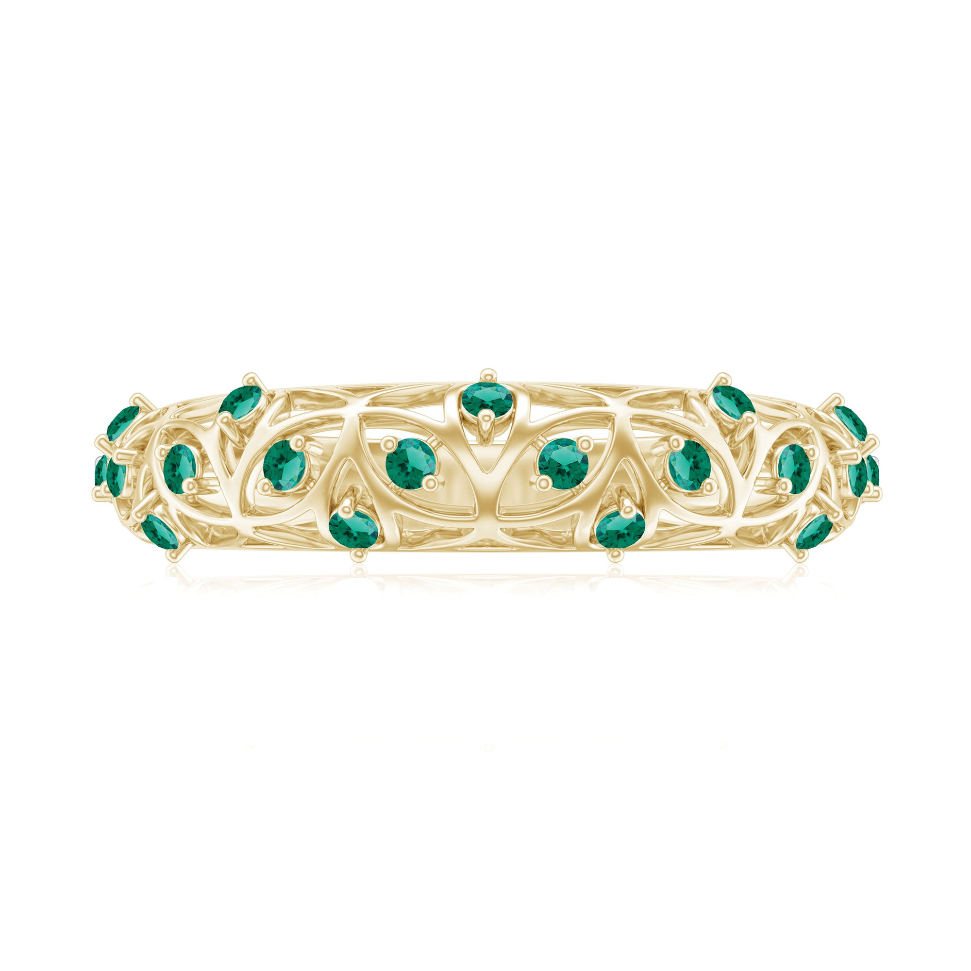 Rosec Jewels-Round Created Emerald Semi Eternity Band Ring with Gold Filigree Details