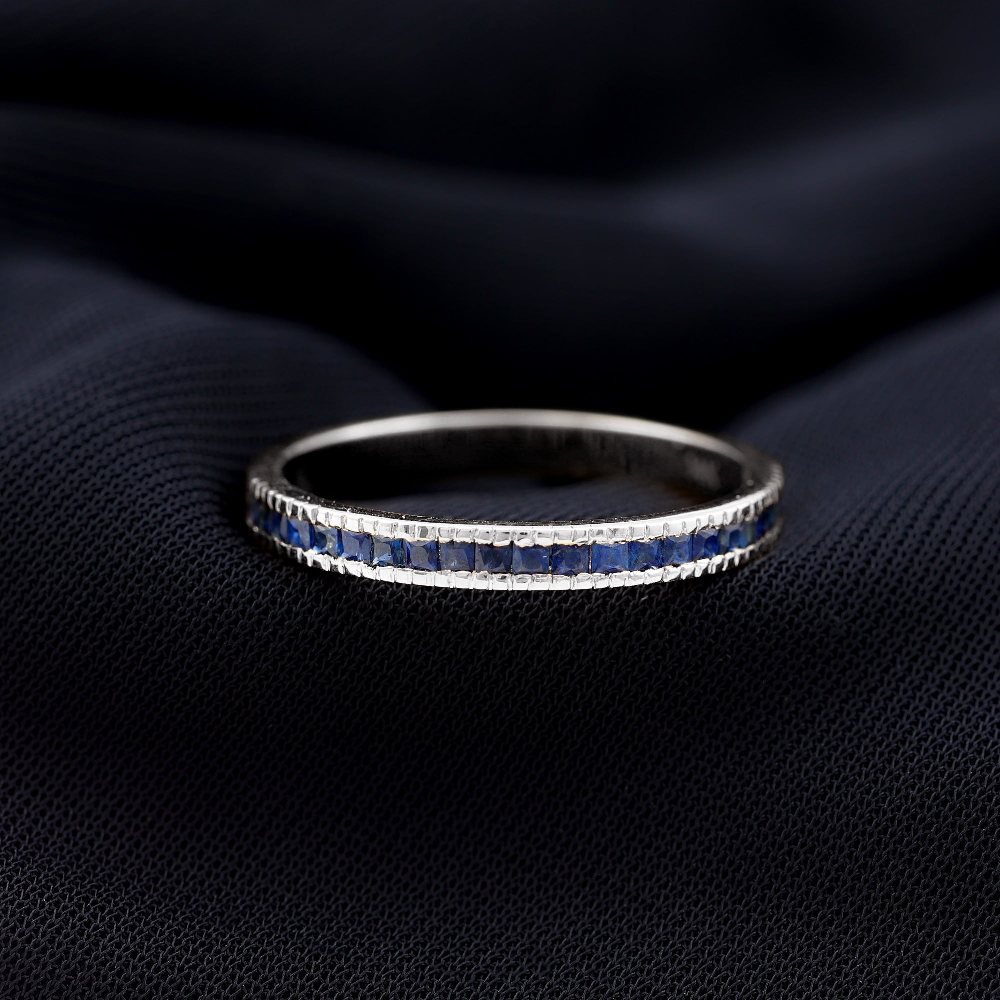 Rosec Jewels-3/4 CT Princess Cut Blue Sapphire Half Eternity Band Ring in Milgrain Channel Setting (AAA Quality)