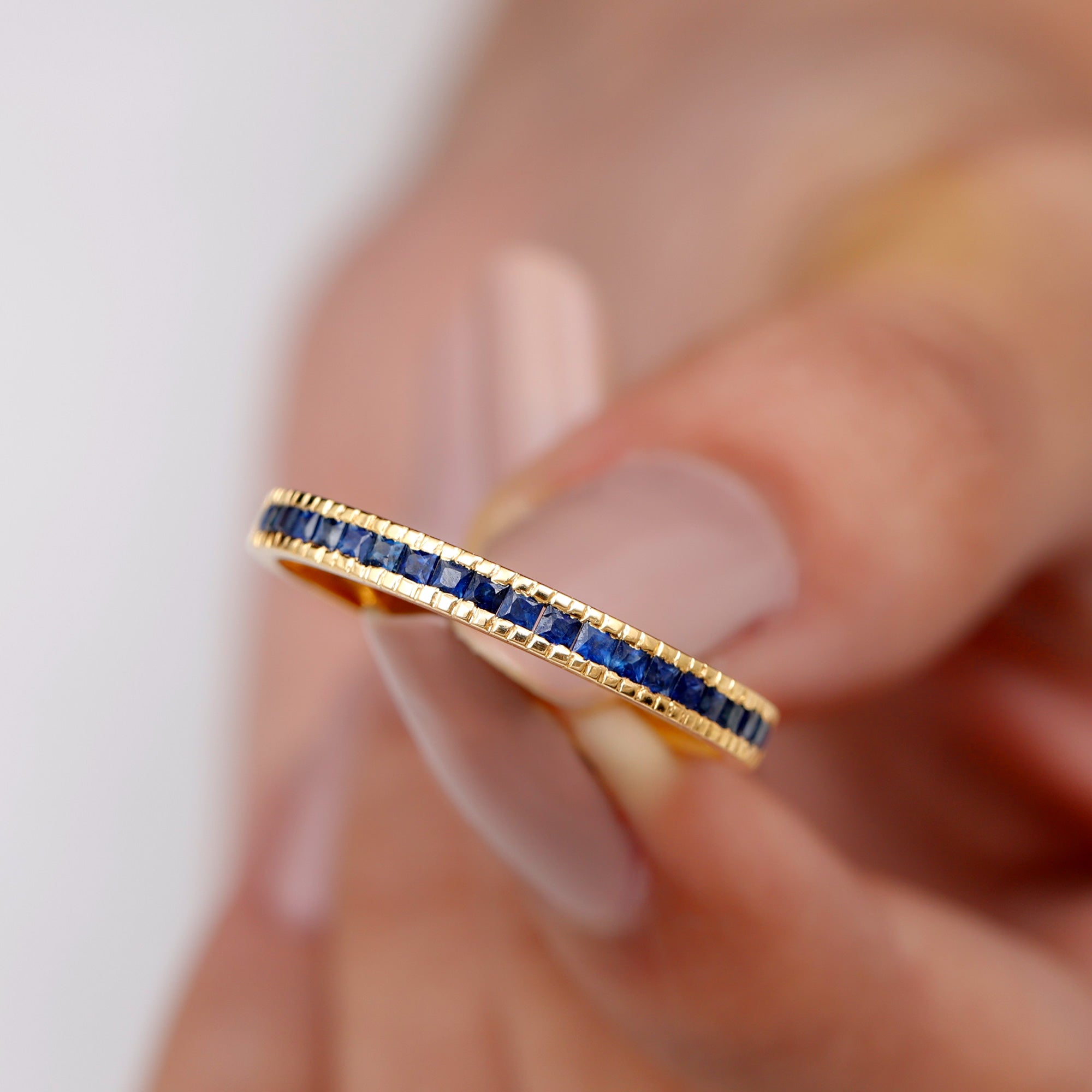 Rosec Jewels-3/4 CT Princess Cut Blue Sapphire Half Eternity Band Ring in Milgrain Channel Setting (AAA Quality)