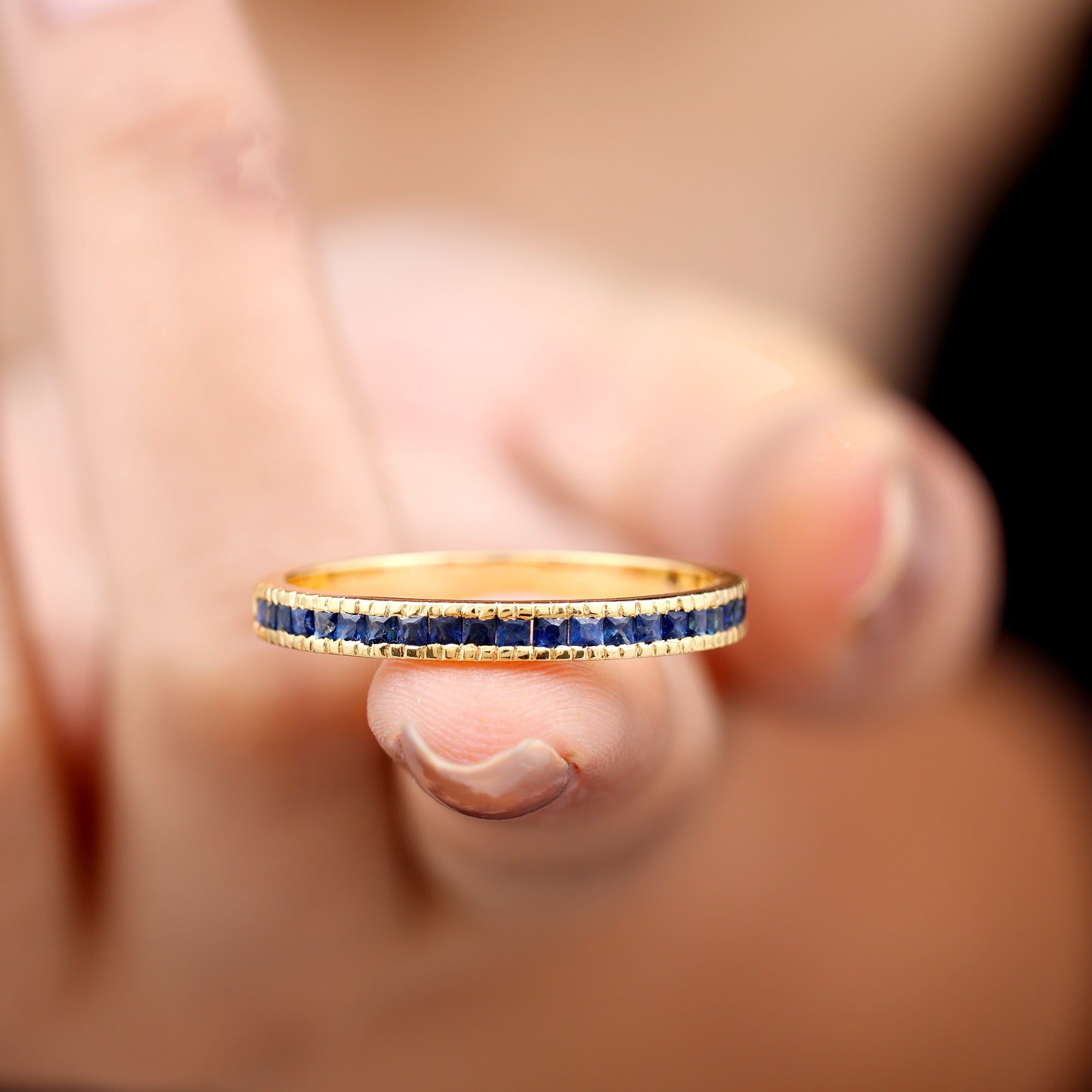 Rosec Jewels-3/4 CT Princess Cut Blue Sapphire Half Eternity Band Ring in Milgrain Channel Setting (AAA Quality)