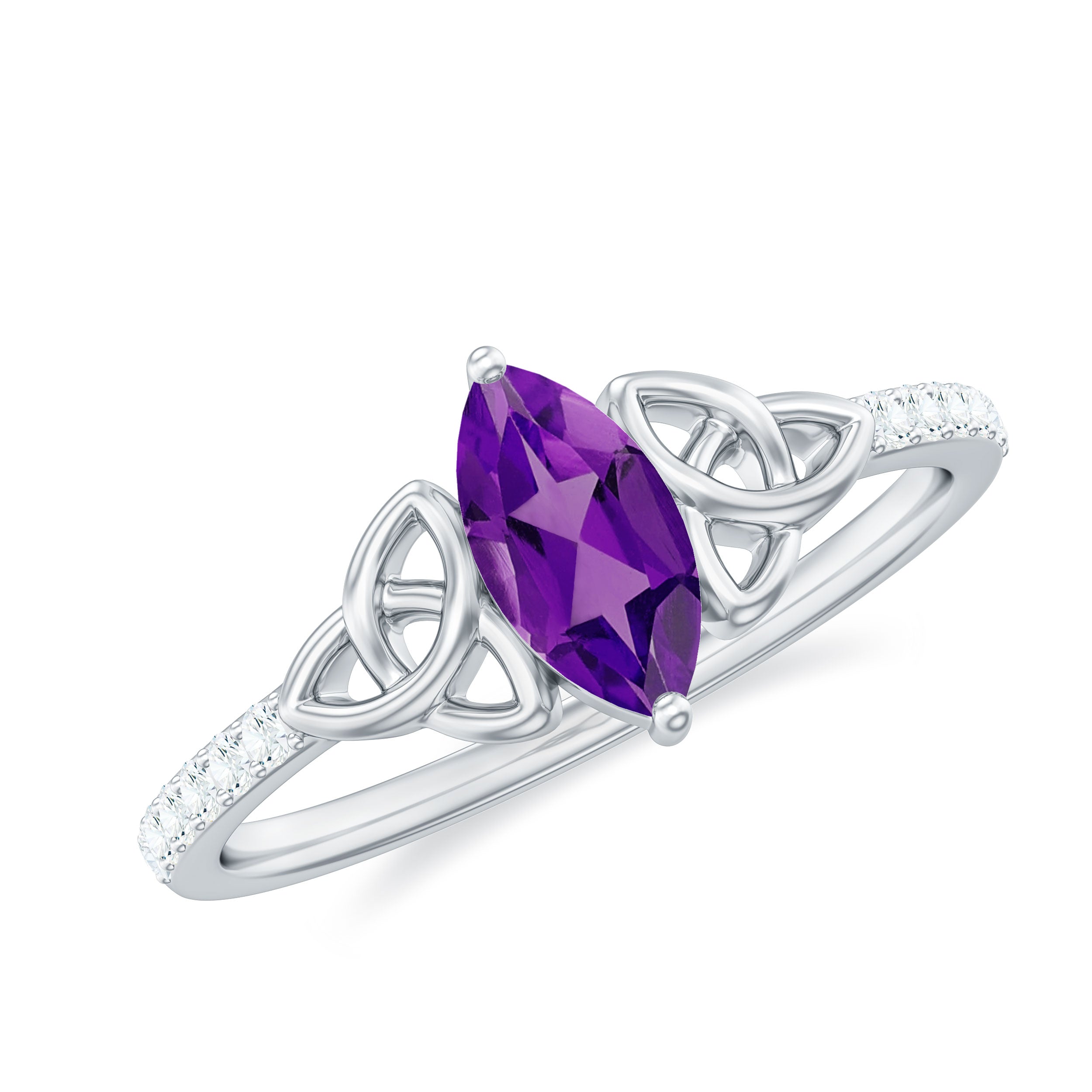 Rosec Jewels-Marquise Cut Amethyst Solitaire Celtic Knot Ring with Diamond Side Stones