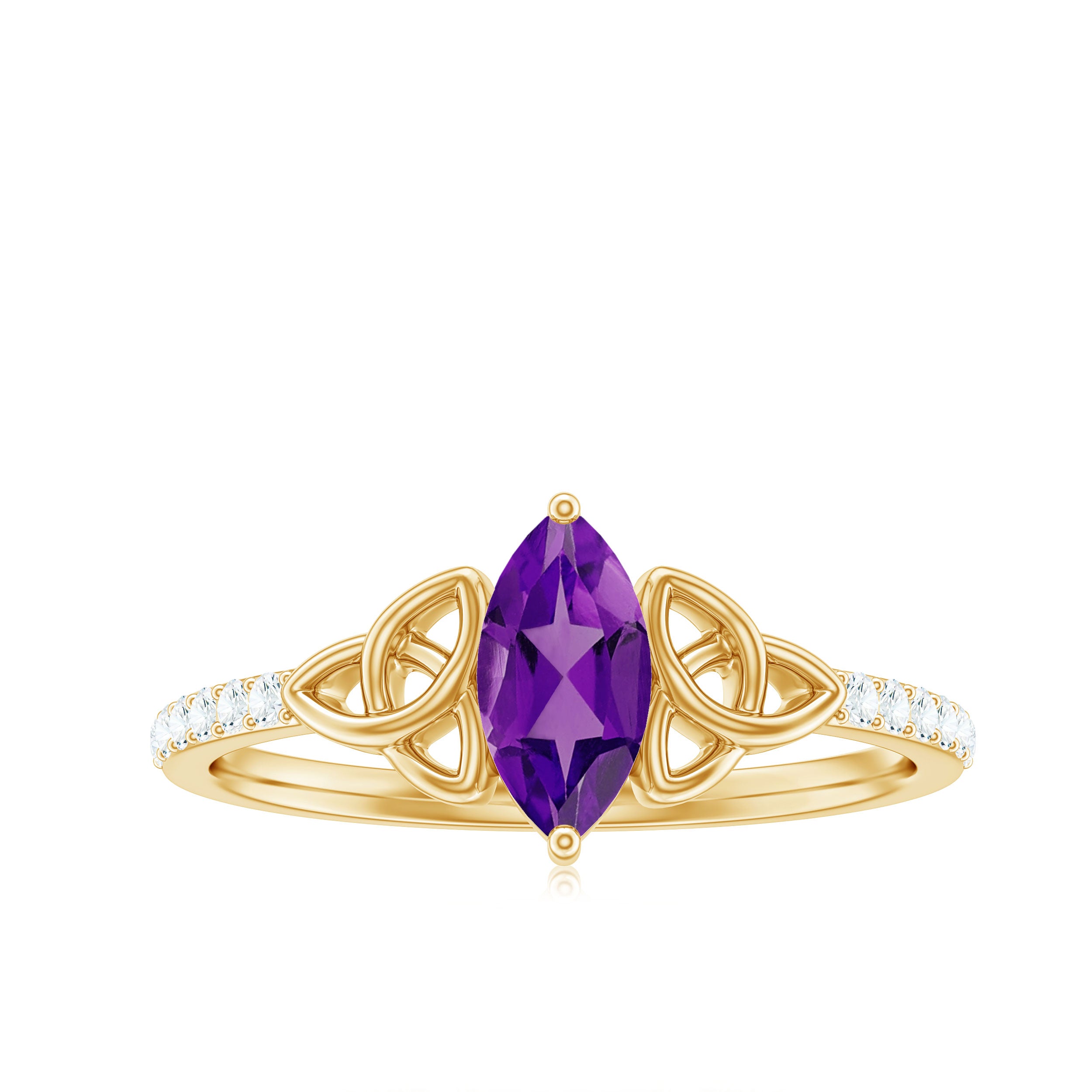 Rosec Jewels-Marquise Cut Amethyst Solitaire Celtic Knot Ring with Diamond Side Stones