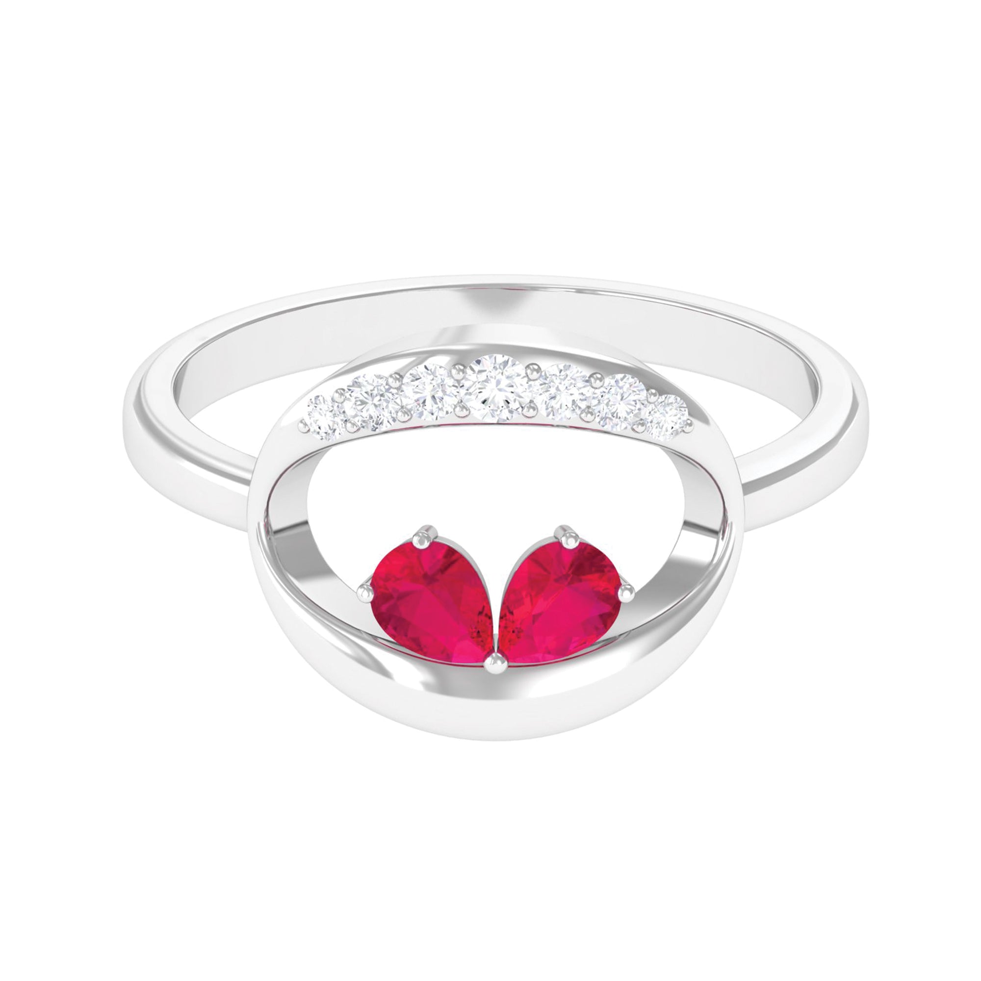 Rosec Jewels-Pear Cut Ruby Toi et Moi Contemporary Ring with Diamond