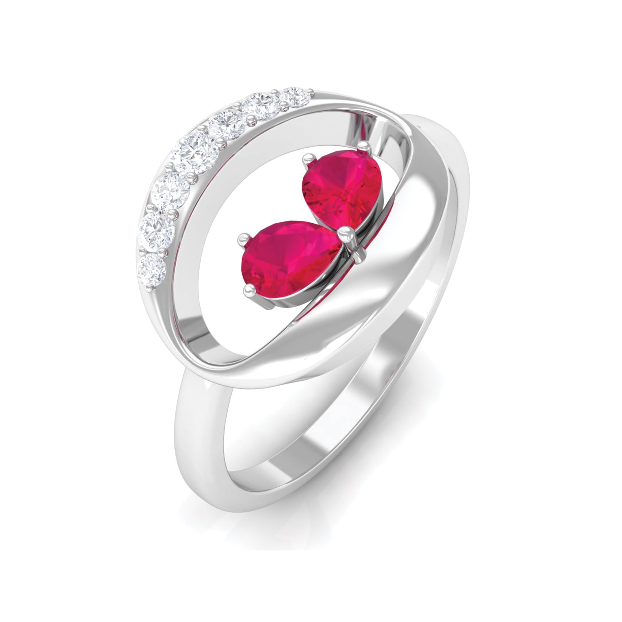 Rosec Jewels-Pear Cut Ruby Toi et Moi Contemporary Ring with Diamond