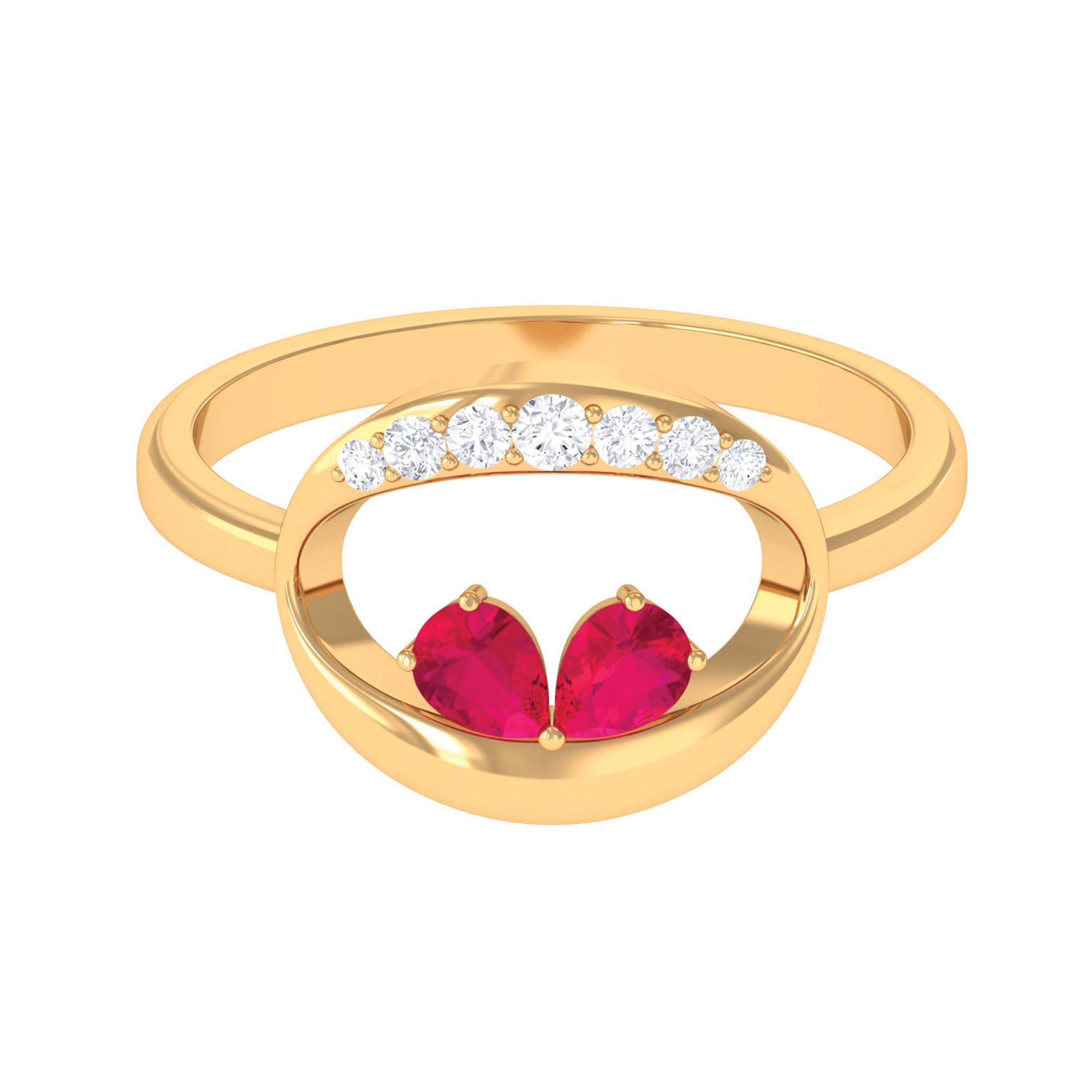 Rosec Jewels-Pear Cut Ruby Toi et Moi Contemporary Ring with Diamond