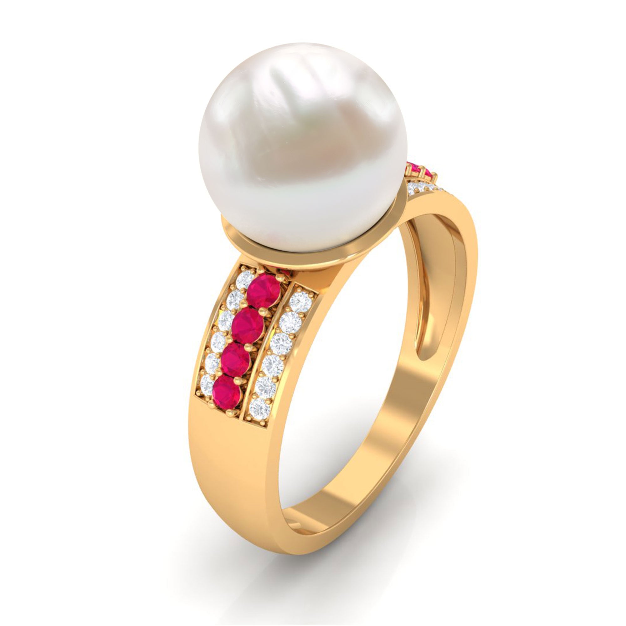 Rosec Jewels-Solitaire Freshwater Pearl Engagement Ring with Moissanite and Ruby Side Stones