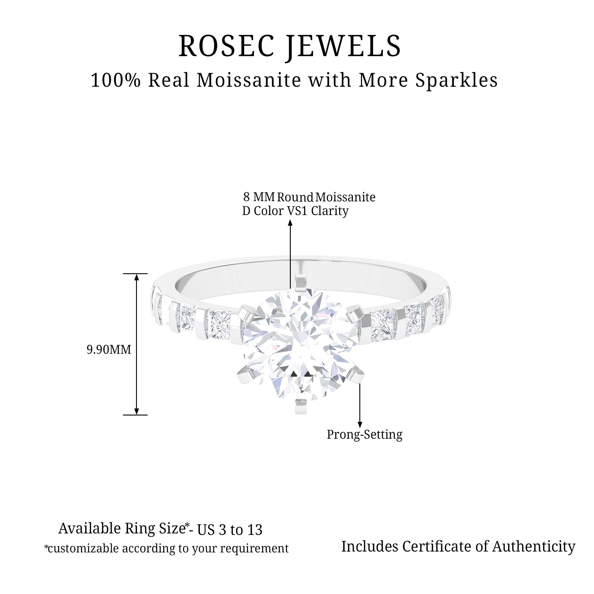 Rosec Jewels-Round Moissanite Solitaire Engagement Ring with Princess Cut Side Stones