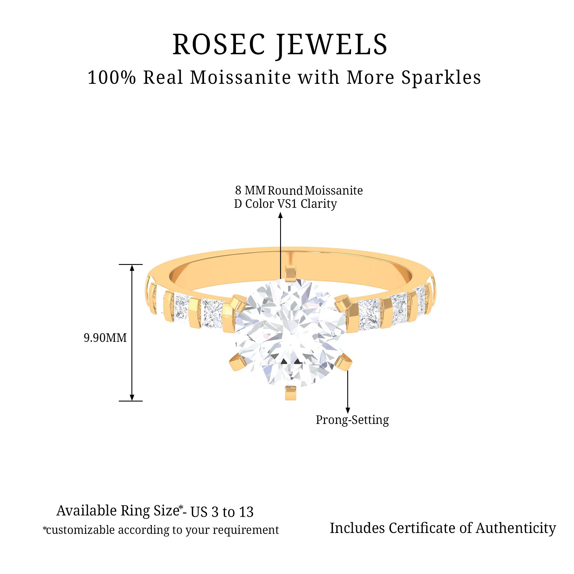 Rosec Jewels-Round Moissanite Solitaire Engagement Ring with Princess Cut Side Stones