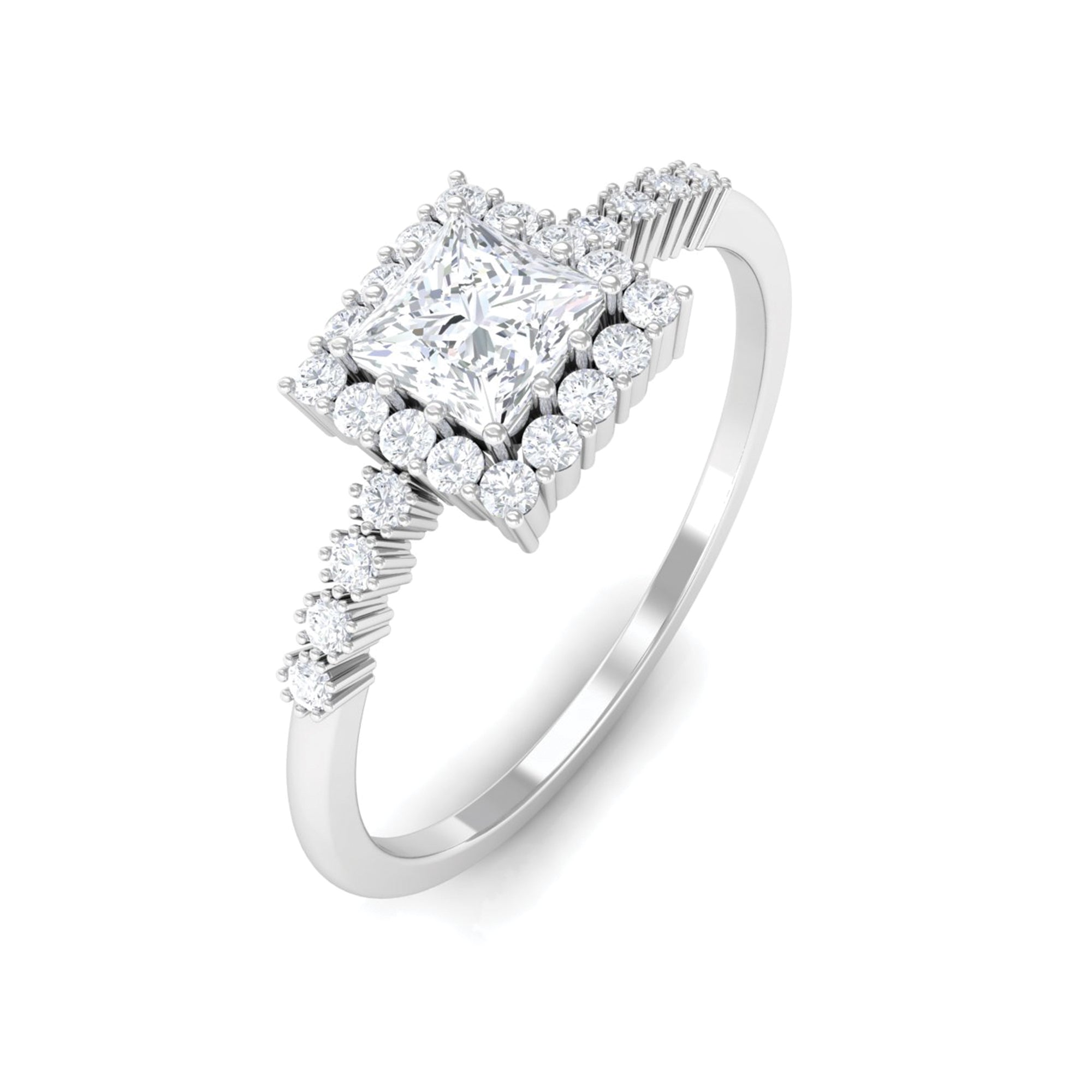 Rosec Jewels-Princess Cut Moissanite Engagement Ring with Halo and Side Stones