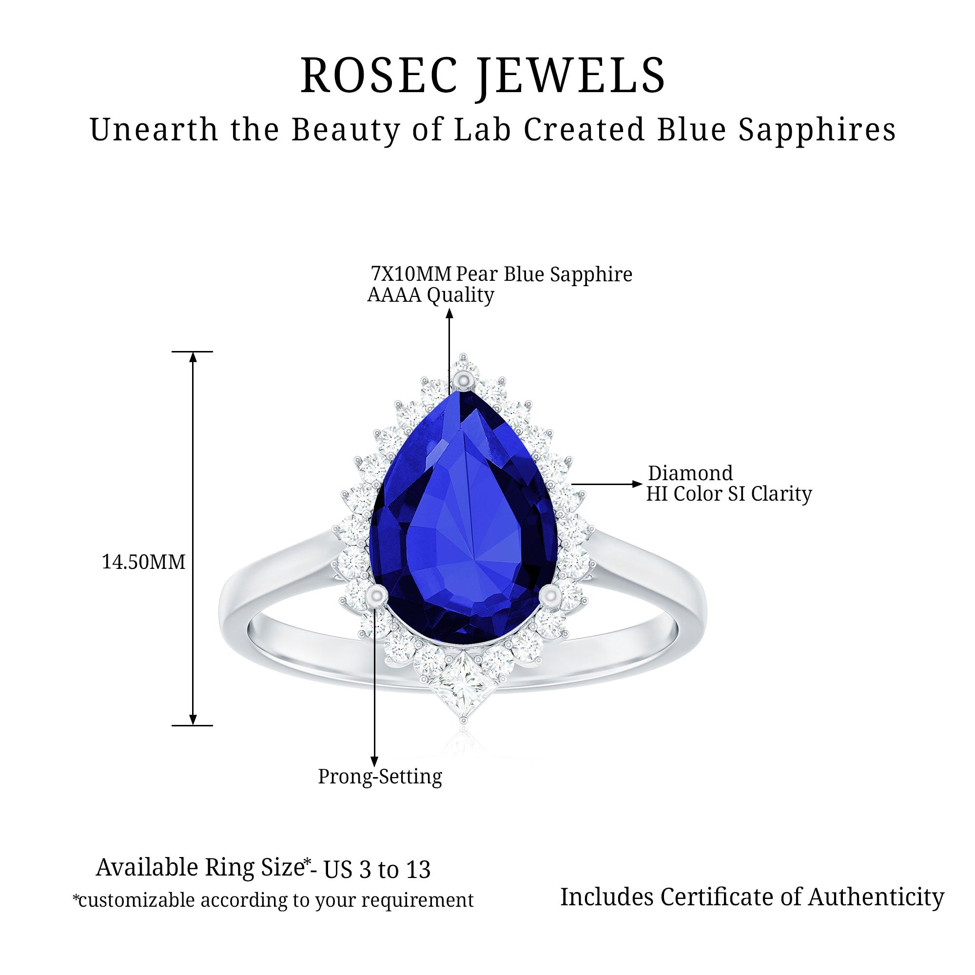 Rosec Jewels-Pear Created Blue Sapphire Cocktail Halo Ring with Diamond