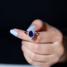 Rosec Jewels-Pear Created Blue Sapphire Cocktail Halo Ring with Diamond