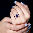 Rosec Jewels-Pear Created Blue Sapphire Cocktail Halo Ring with Diamond