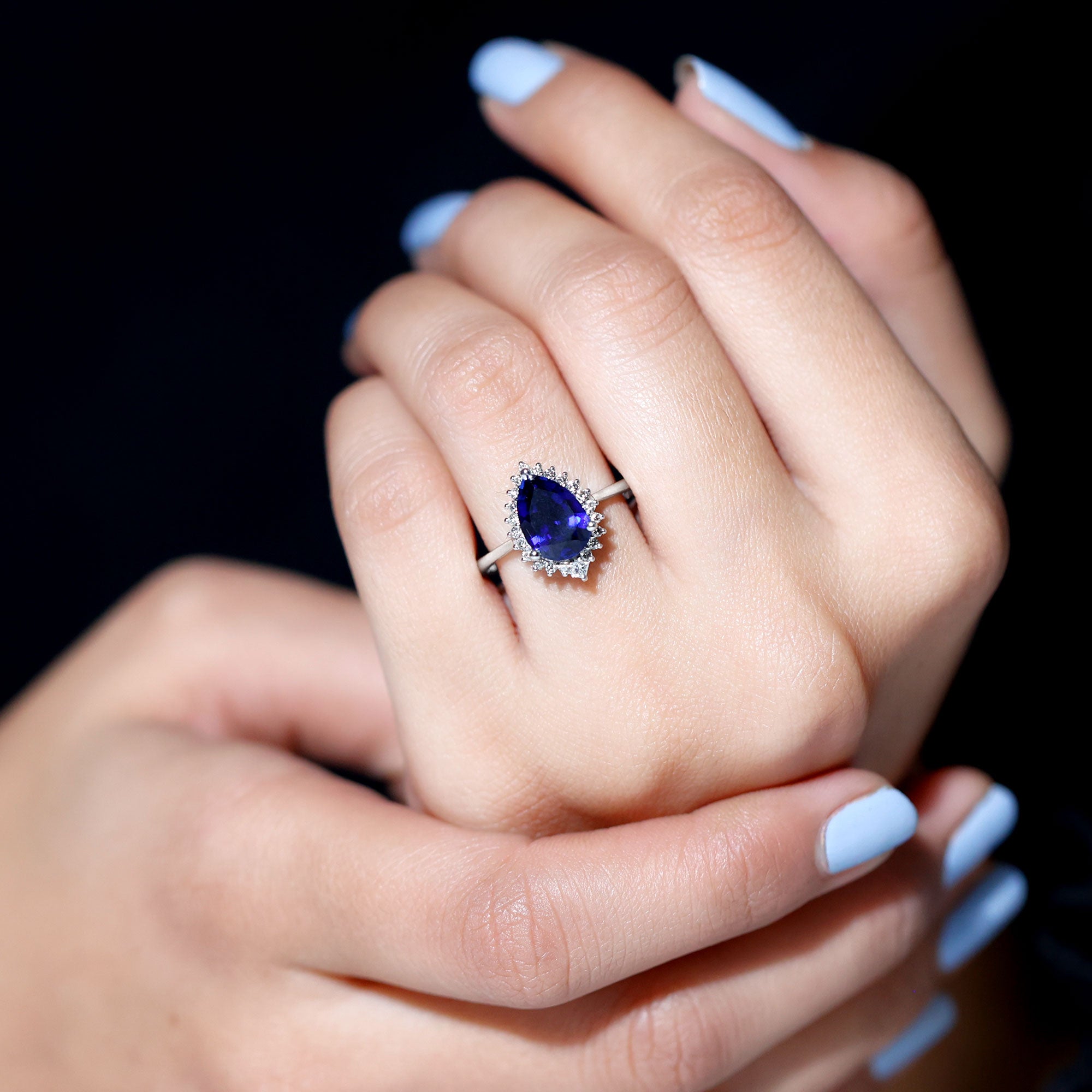 Rosec Jewels-Pear Created Blue Sapphire Cocktail Halo Ring with Diamond