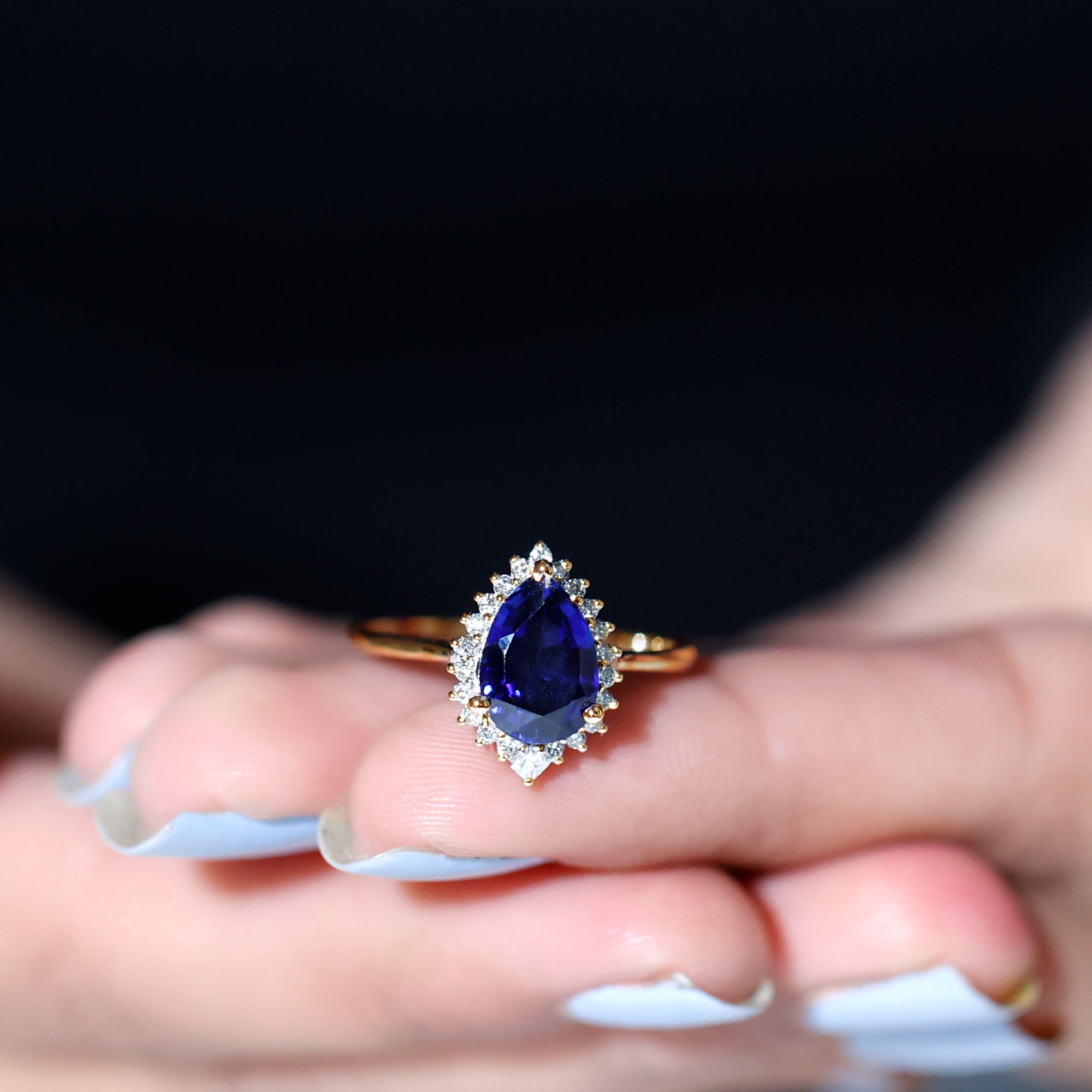 Rosec Jewels-Pear Created Blue Sapphire Cocktail Halo Ring with Diamond