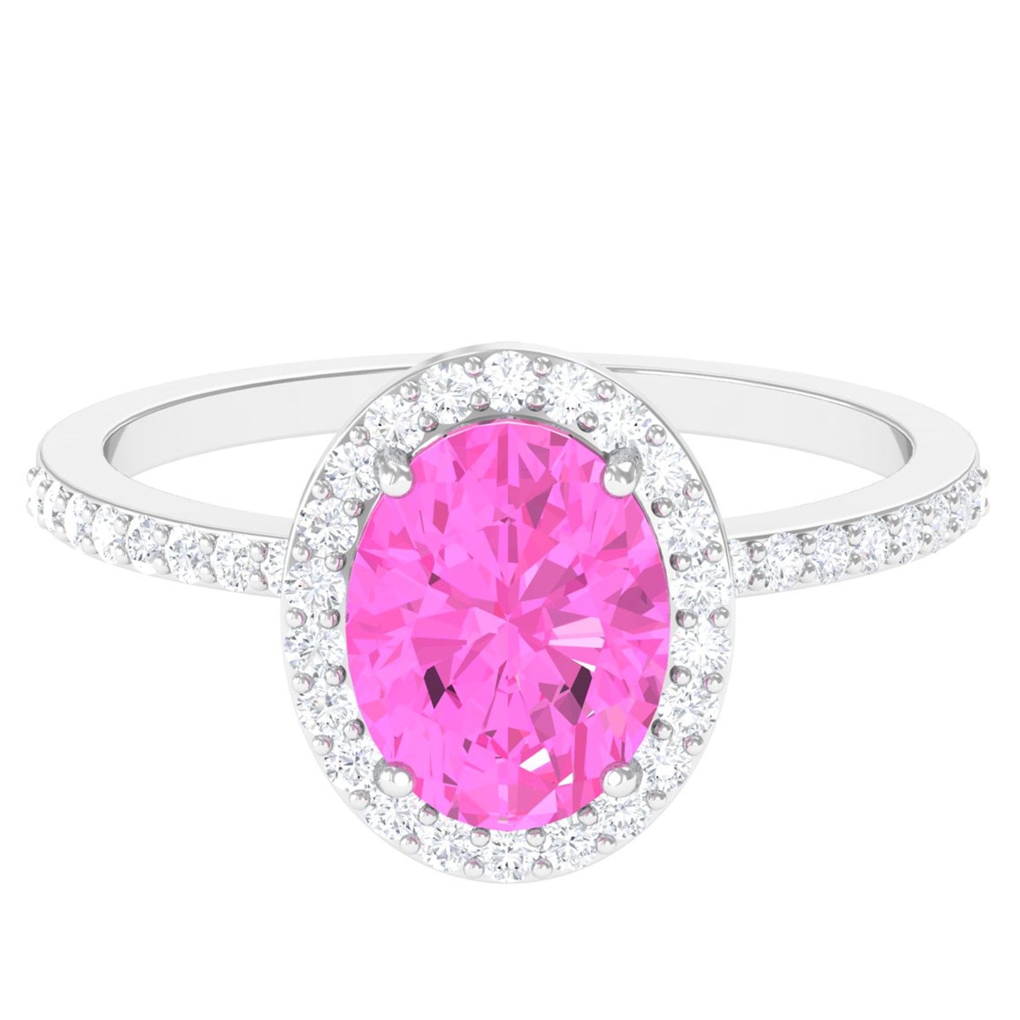 Rosec Jewels-Oval Cut Created Pink Sapphire and Diamond Halo Ring