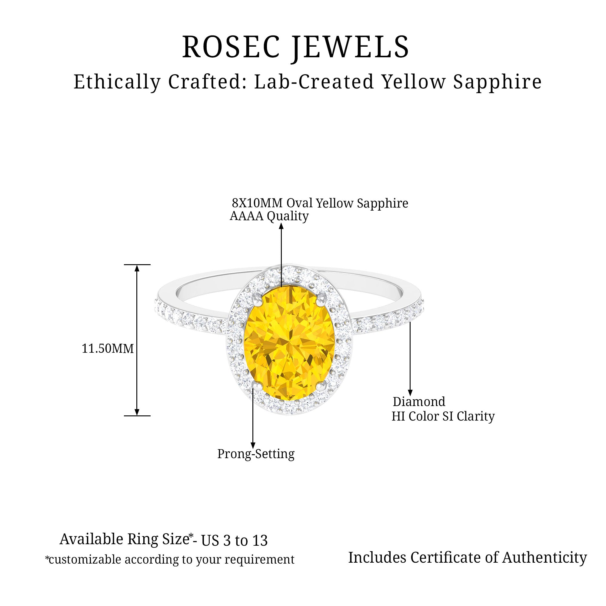 Rosec Jewels-Oval Cut Created Yellow Sapphire and Moissanite Classic Halo Engagement Ring