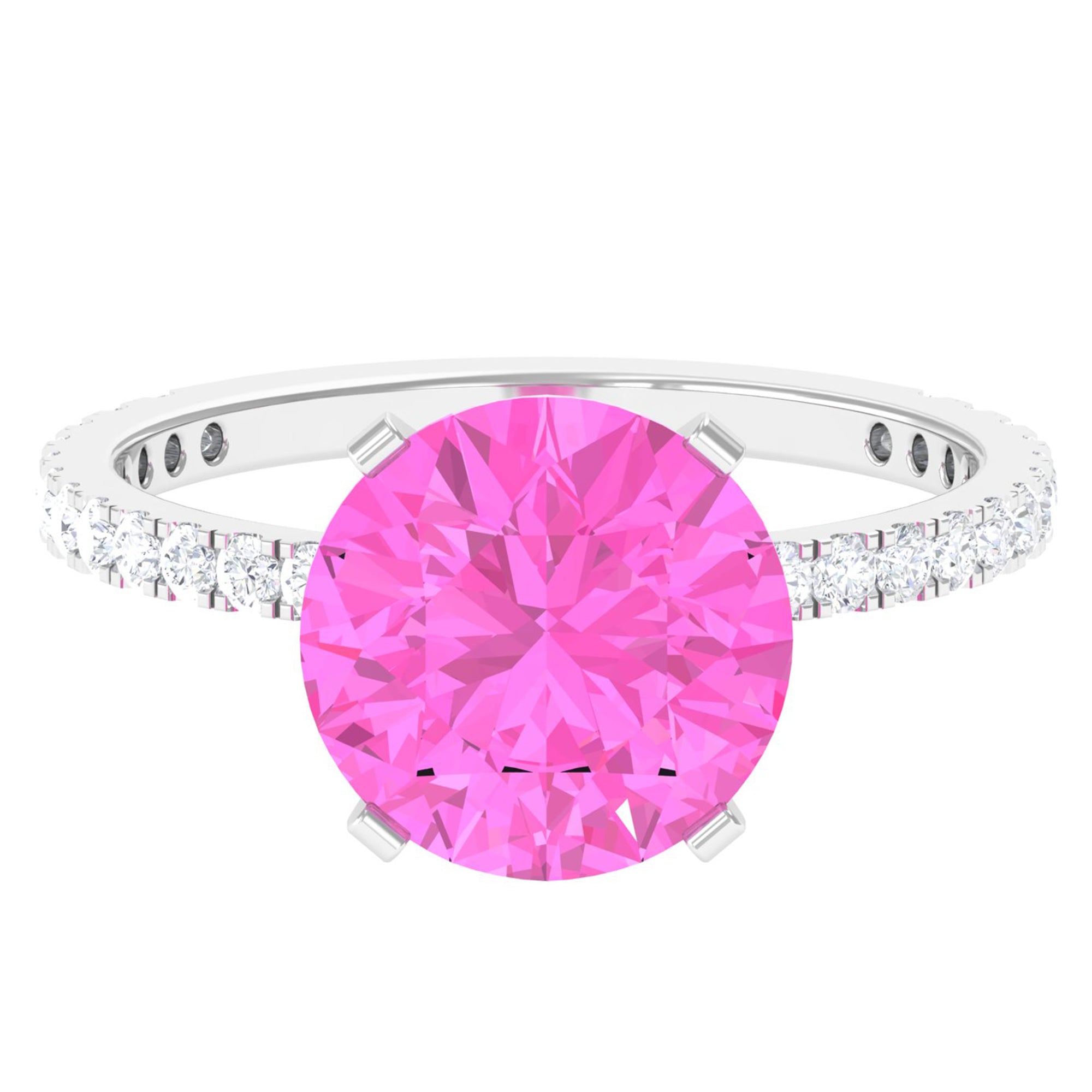 Rosec Jewels-Round Created Pink Sapphire Solitaire Engagement Ring with Diamond