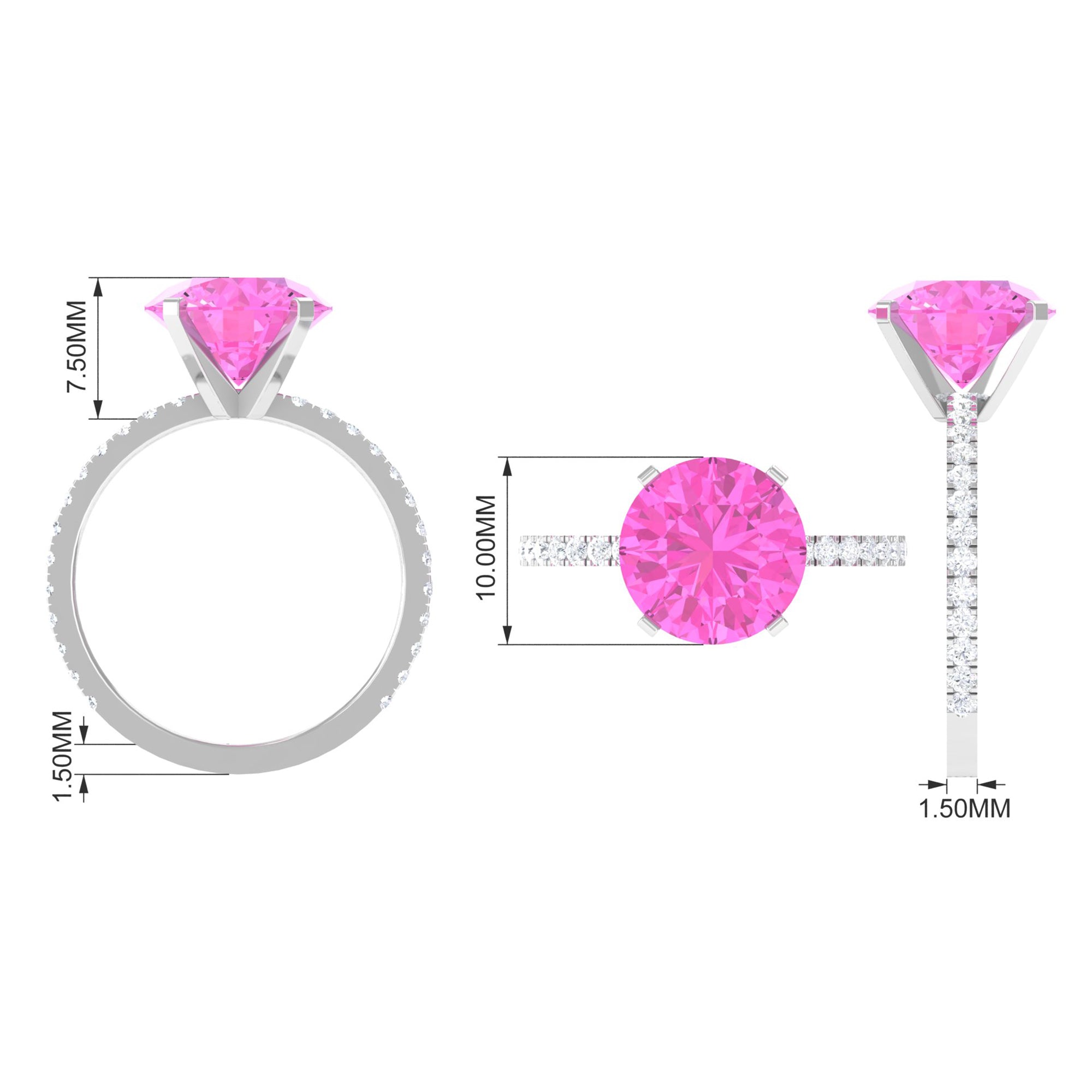 Rosec Jewels-Round Created Pink Sapphire Solitaire Engagement Ring with Diamond