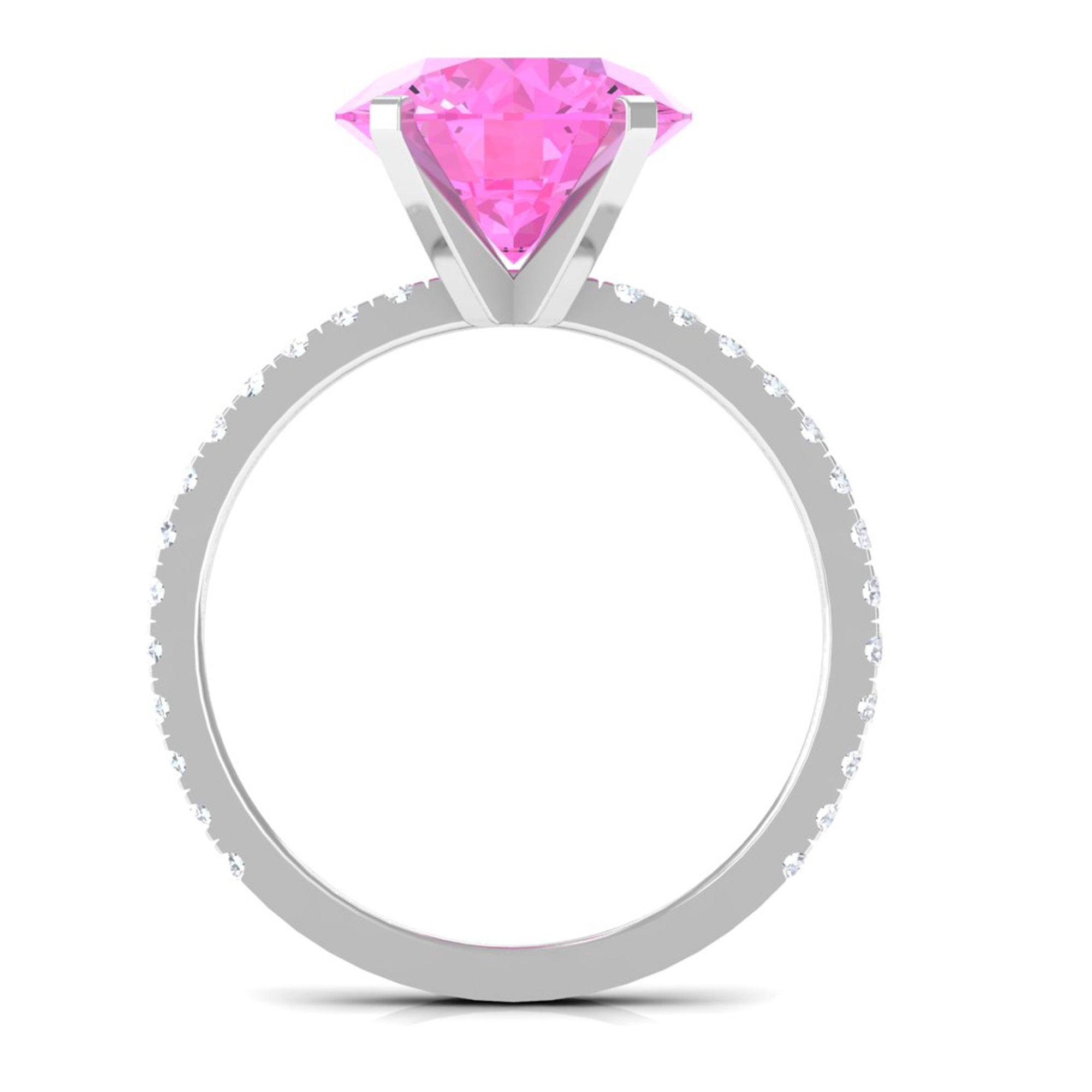 Rosec Jewels-Round Created Pink Sapphire Solitaire Engagement Ring with Diamond