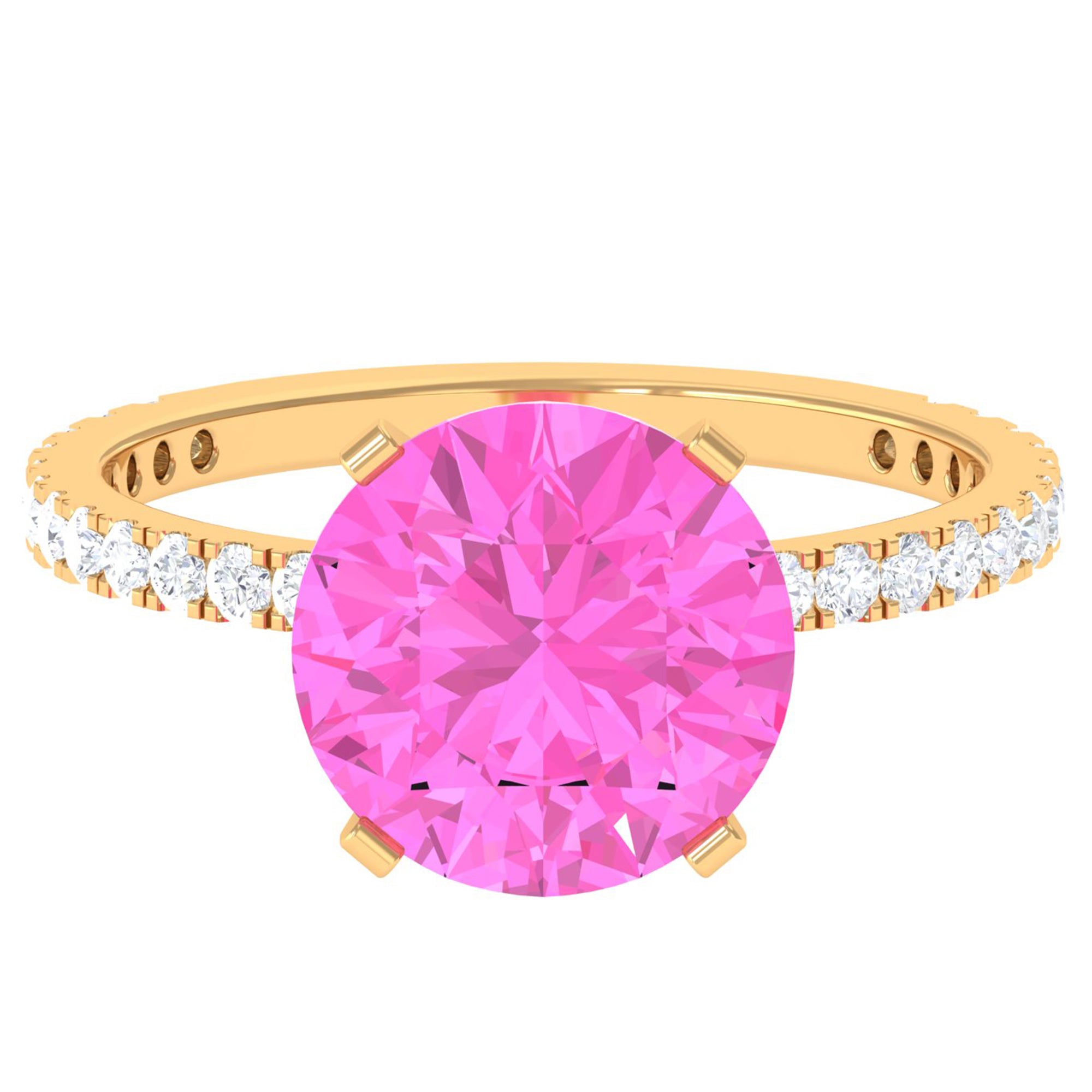 Rosec Jewels-Round Created Pink Sapphire Solitaire Engagement Ring with Diamond