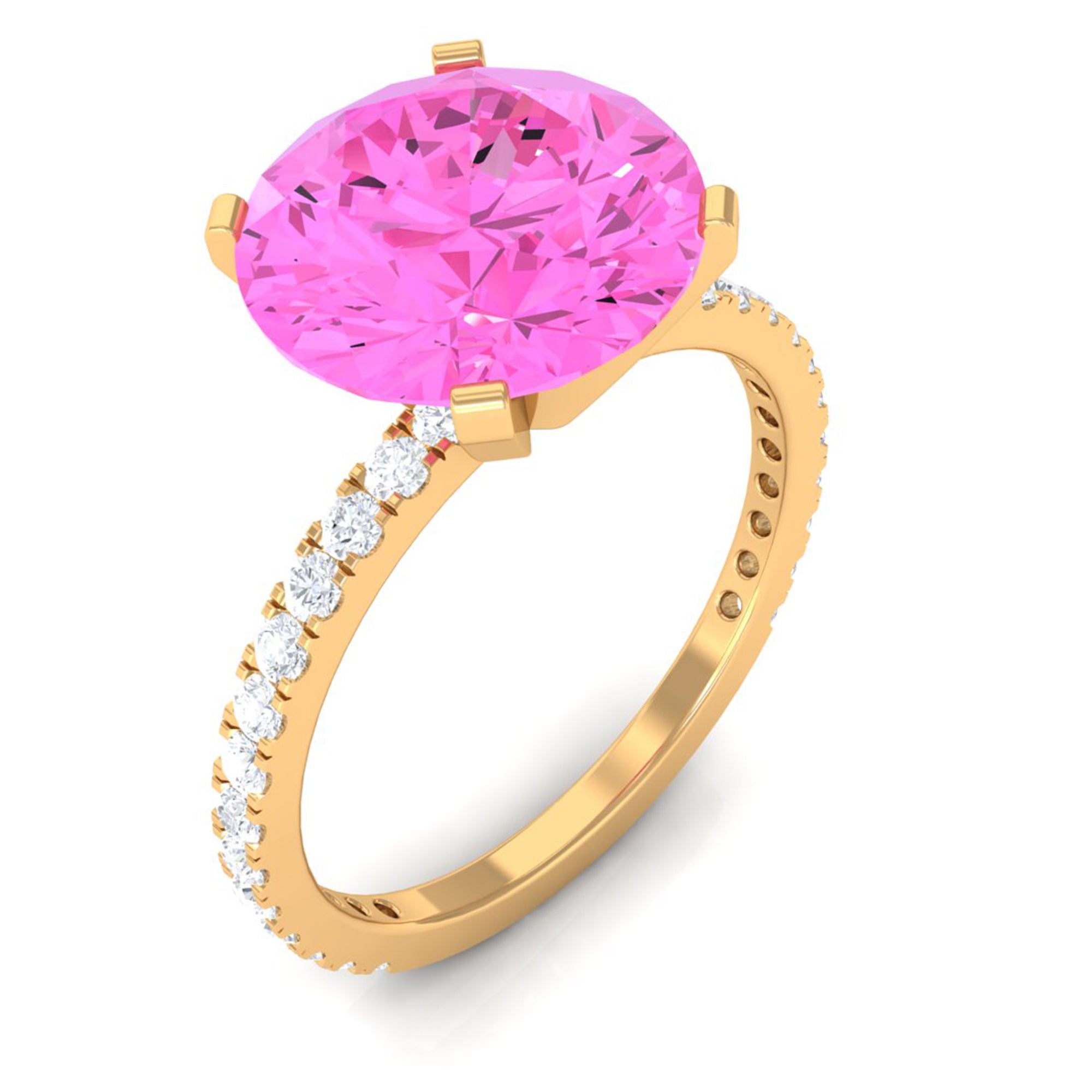 Rosec Jewels-Round Created Pink Sapphire Solitaire Engagement Ring with Diamond